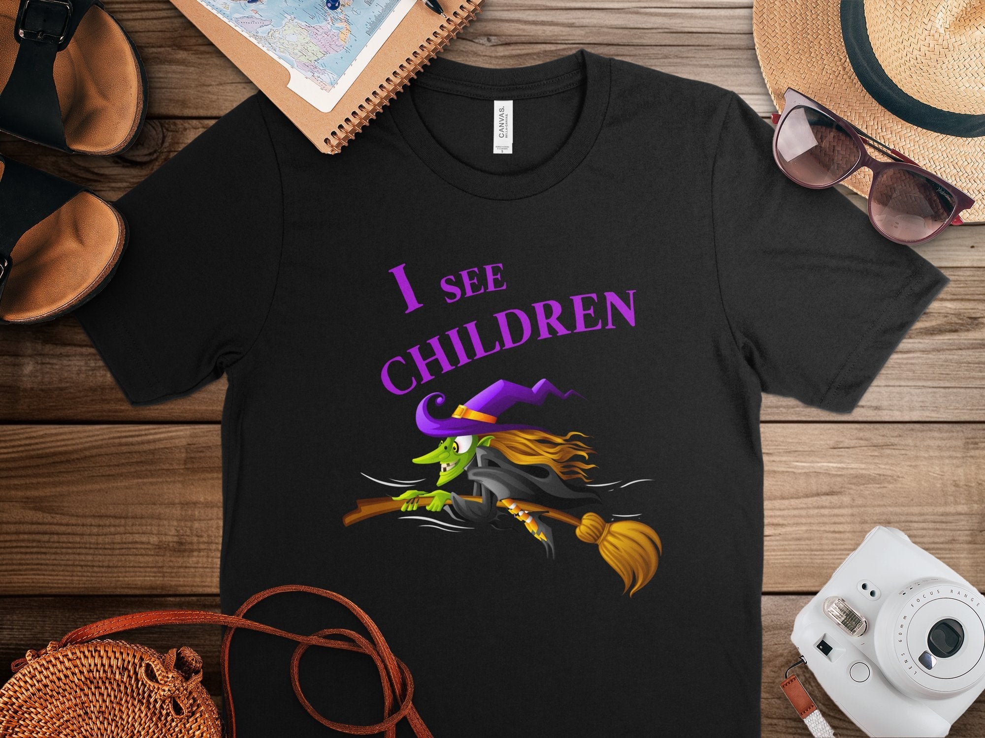 Funny Halloween Witch T-Shirt, I See Children Graphic Tee, Humorous Witch Flying on Broom, Halloween Party Costume Shirt - Craig Michael Design