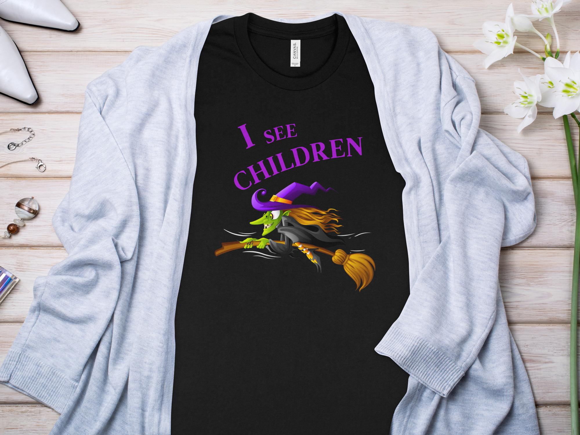 Funny Halloween Witch T-Shirt, I See Children Graphic Tee, Humorous Witch Flying on Broom, Halloween Party Costume Shirt - Craig Michael Design