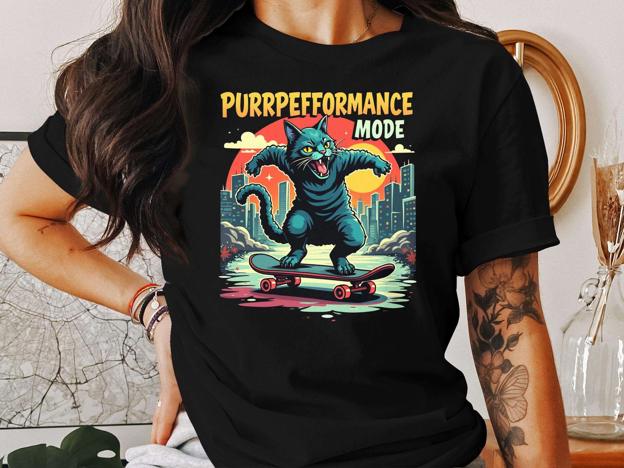 Funny Skateboarding Cat T-Shirt, PURRPEFORMANCE MODE Graphic Tee, Cute Cat Lover Gift, Skateboard Enthusiast Shirt - Craig Michael Design