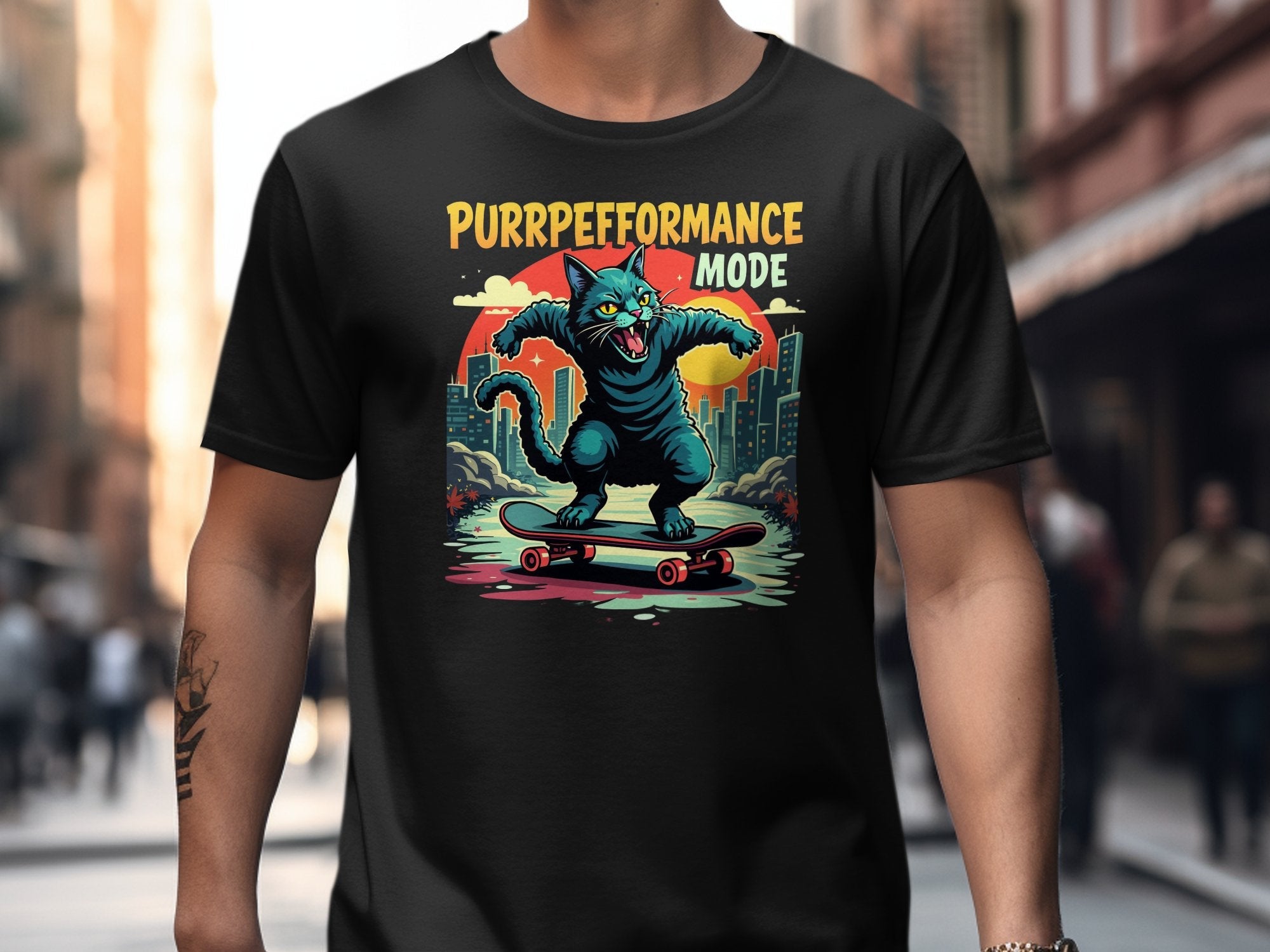 Funny Skateboarding Cat T-Shirt, PURRPEFORMANCE MODE Graphic Tee, Cute Cat Lover Gift, Skateboard Enthusiast Shirt - Craig Michael Design