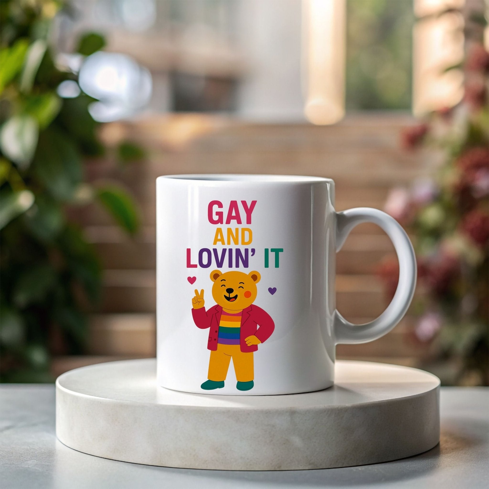 Gay and Lovin’ It Mug, Funny Rainbow Bear Pride Cup, Queer Coffee Gift for Him, Camp LGBTQ Drinkware, Bold Sassy Gay Morning Mug - Craig Michael Design