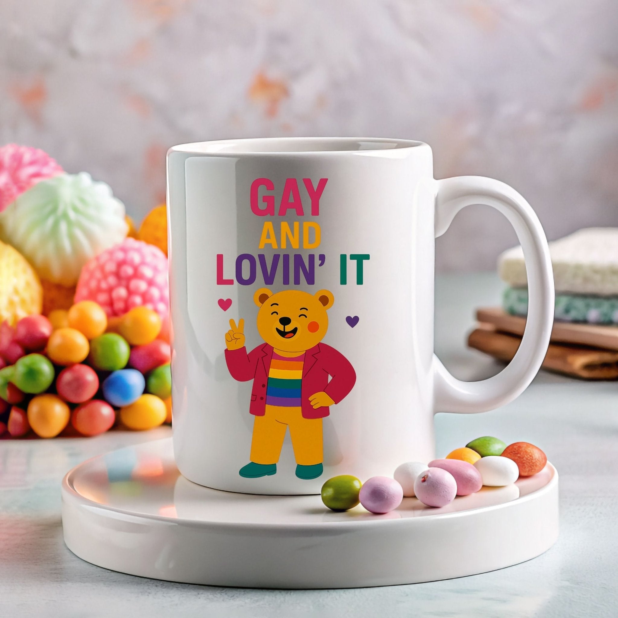 Gay and Lovin’ It Mug, Funny Rainbow Bear Pride Cup, Queer Coffee Gift for Him, Camp LGBTQ Drinkware, Bold Sassy Gay Morning Mug - Craig Michael Design