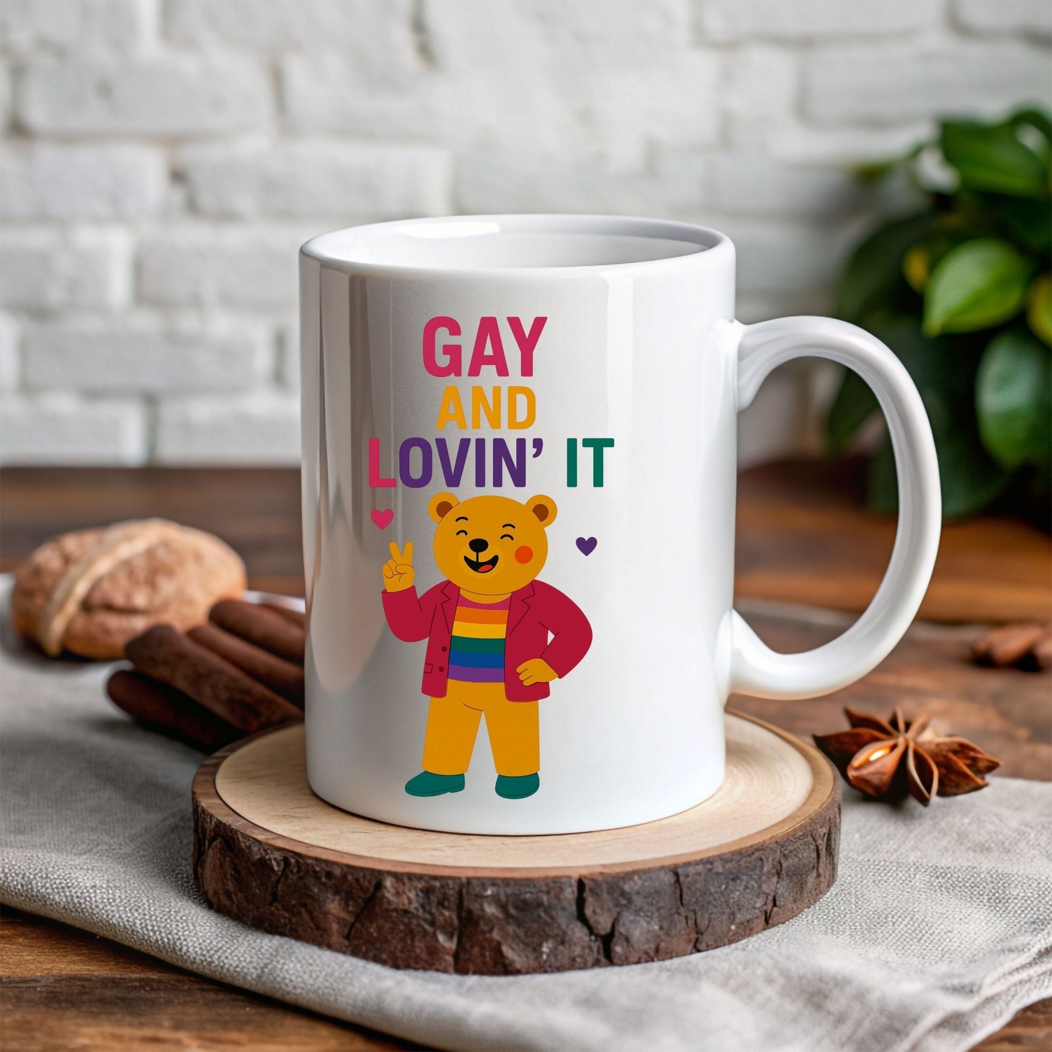 Gay and Lovin’ It Mug, Funny Rainbow Bear Pride Cup, Queer Coffee Gift for Him, Camp LGBTQ Drinkware, Bold Sassy Gay Morning Mug - Craig Michael Design