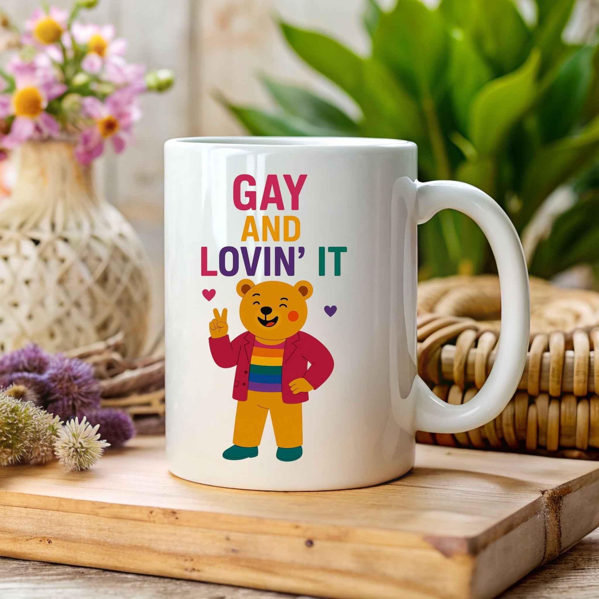 Gay and Lovin’ It Mug, Funny Rainbow Bear Pride Cup, Queer Coffee Gift for Him, Camp LGBTQ Drinkware, Bold Sassy Gay Morning Mug - Craig Michael Design