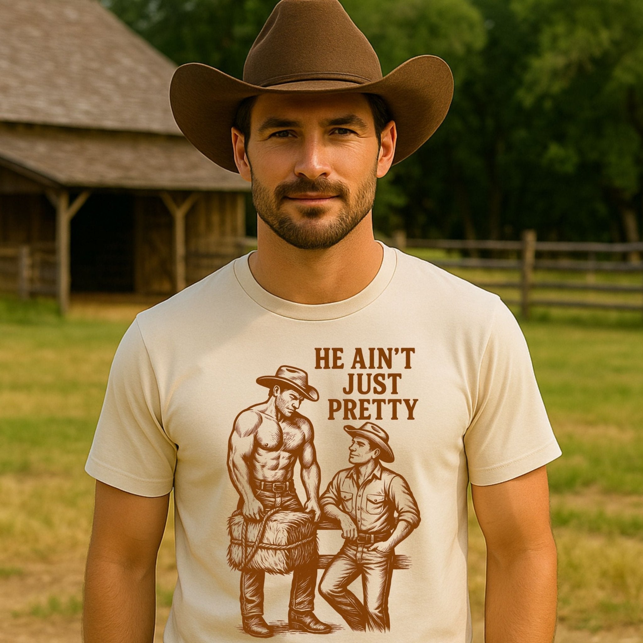 Gay Cowboy Shirt, Funny Mlm Muscle Tee, 'He Aint Just Pretty' - Craig Michael Design