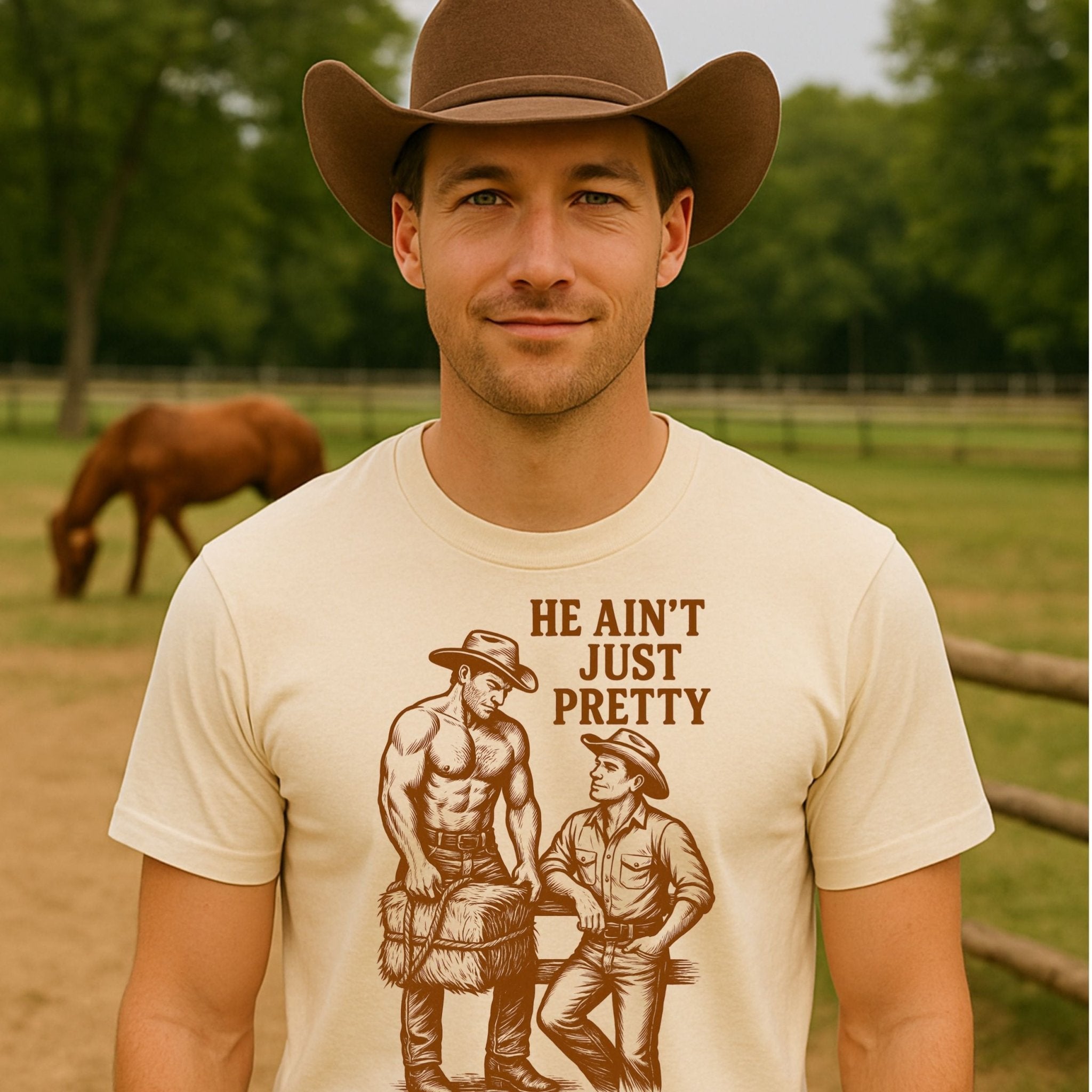 Gay Cowboy Shirt, Funny Mlm Muscle Tee, 'He Aint Just Pretty' - Craig Michael Design
