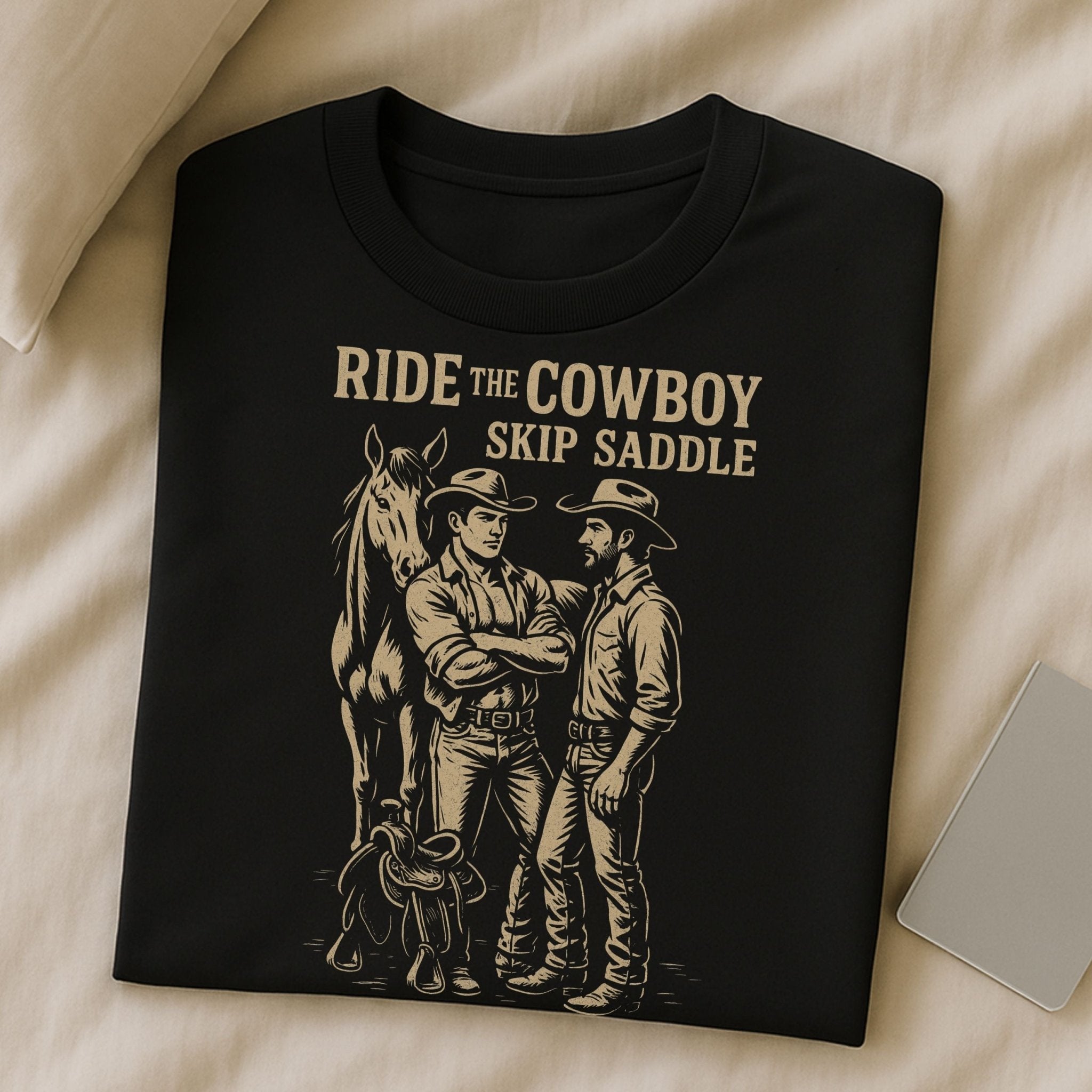 Gay Cowboy Shirt, Funny Mlm Pride Tee, 'Ride the Cowboy Skip the Saddle' - Craig Michael Design