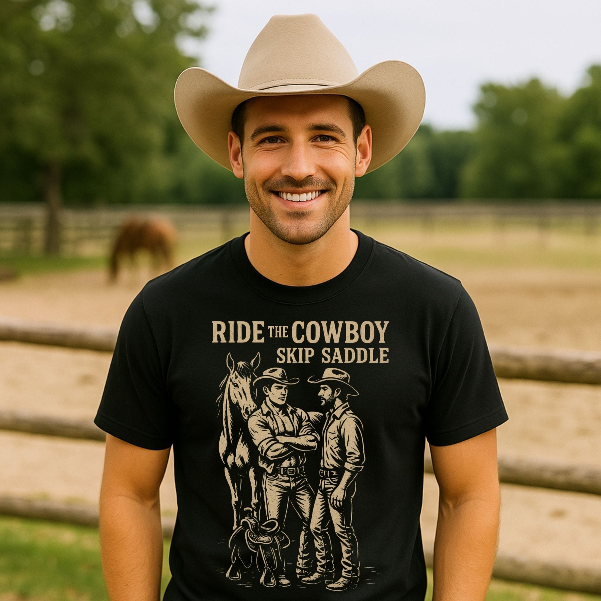 Gay Cowboy Shirt, Funny Mlm Pride Tee, 'Ride the Cowboy Skip the Saddle' - Craig Michael Design