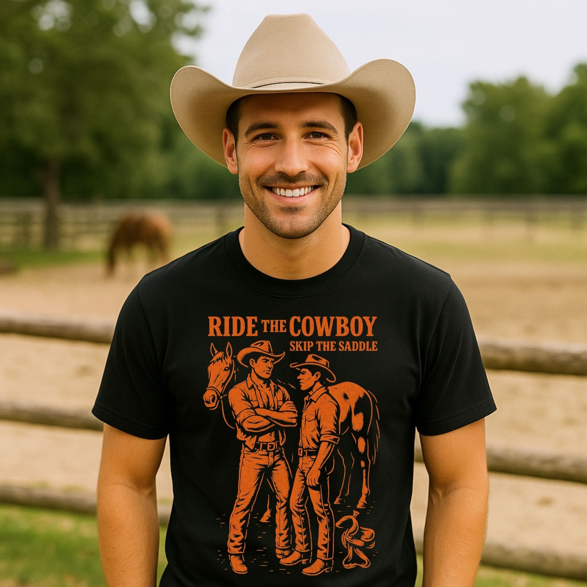 Gay Cowboy Shirt, Funny Mlm Western Tee, 'Ride the Cowboy Skip the Saddle' - Craig Michael Design