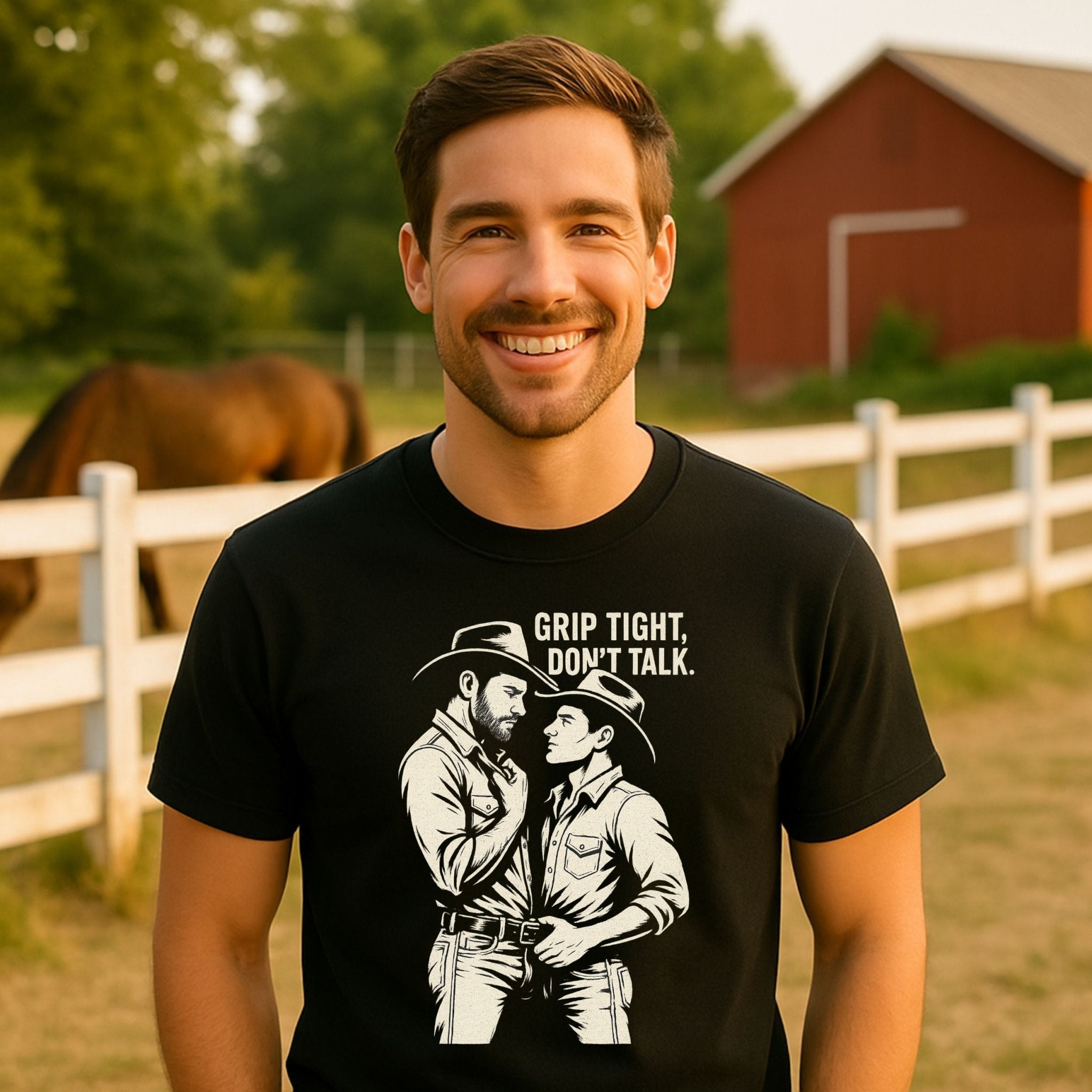 Gay Cowboy Shirt, Grip Tight Don’t Talk Tee, Masculine Gay Art T-Shirt, Sexy Rancher Top, Vintage Western Gay Pride Gift - Craig Michael Design