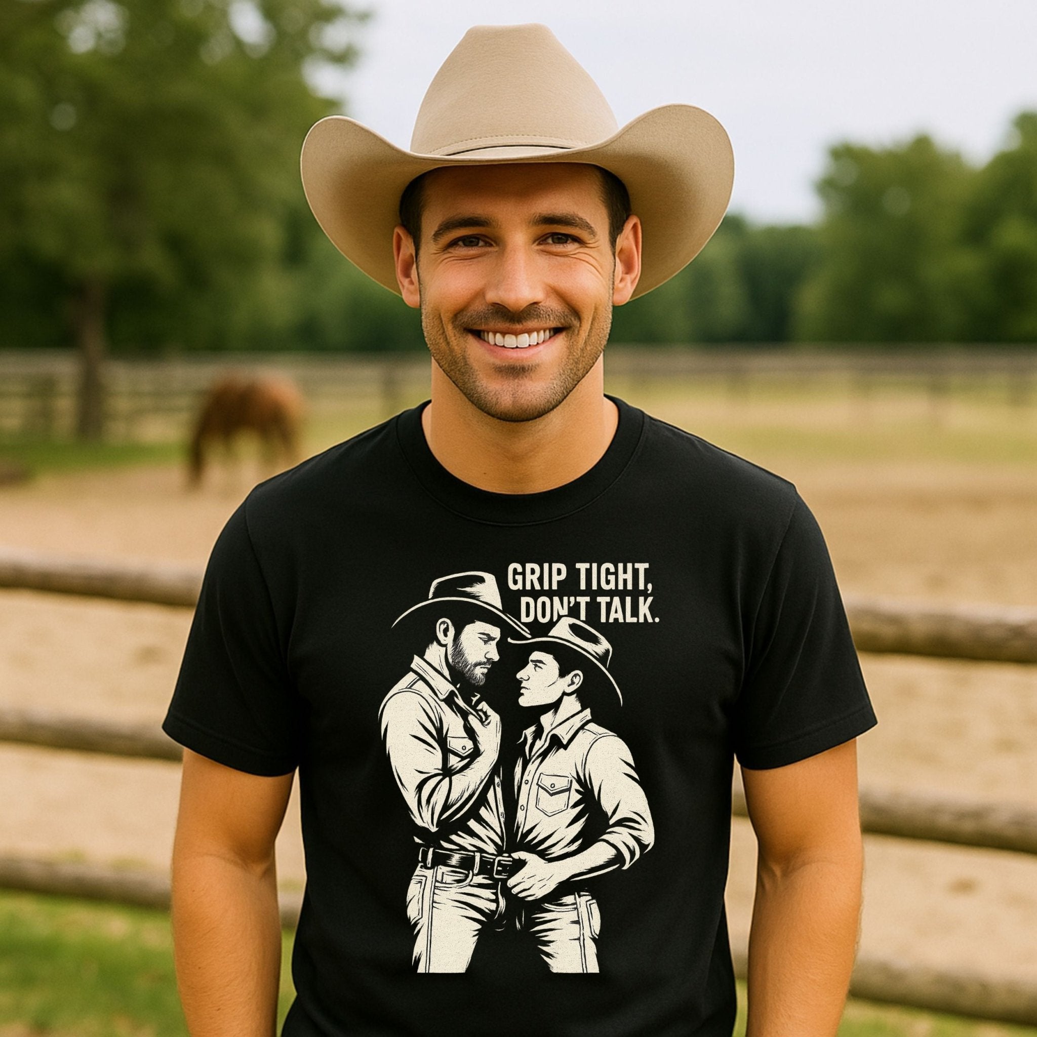 Gay Cowboy Shirt, Grip Tight Don’t Talk Tee, Masculine Gay Art T-Shirt, Sexy Rancher Top, Vintage Western Gay Pride Gift - Craig Michael Design