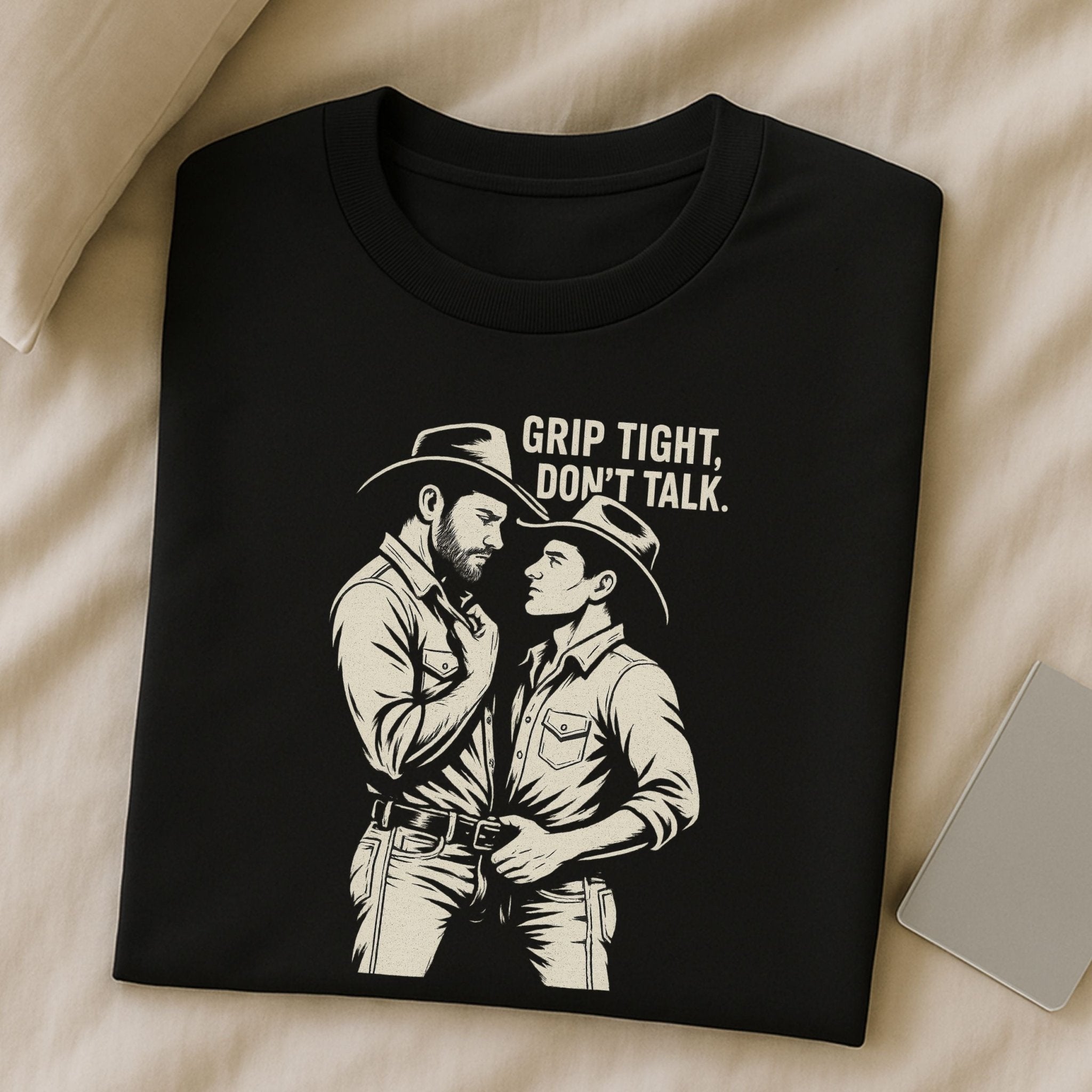 Gay Cowboy Shirt, Grip Tight Don’t Talk Tee, Masculine Gay Art T-Shirt, Sexy Rancher Top, Vintage Western Gay Pride Gift - Craig Michael Design