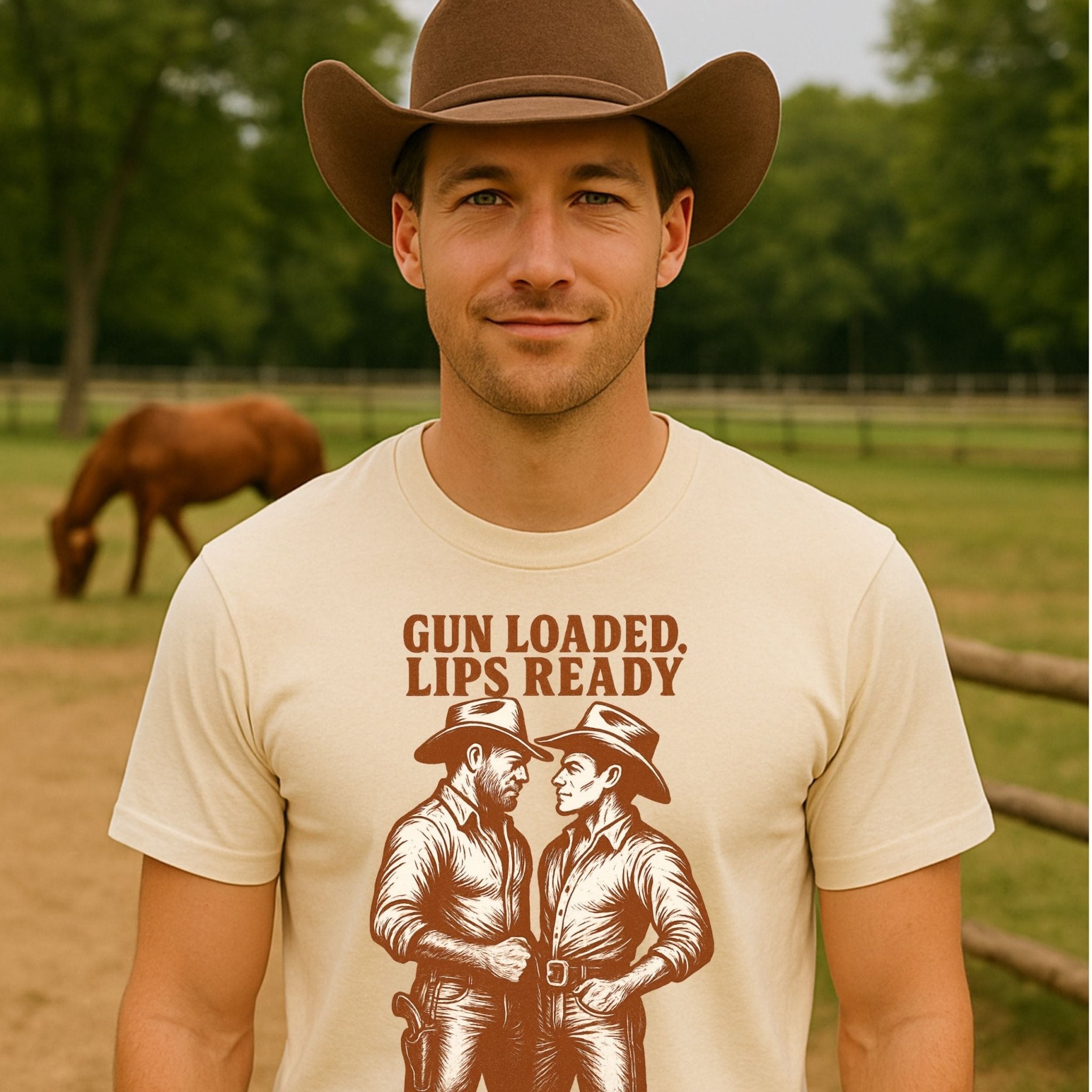 Gay Cowboy Shirt, Gun Loaded Lips Ready Tee, Sexy Western T-Shirt for Him, Rugged Romance Top, Funny LGBTQ Gift, Mlm Country Pride Tee - Craig Michael Design