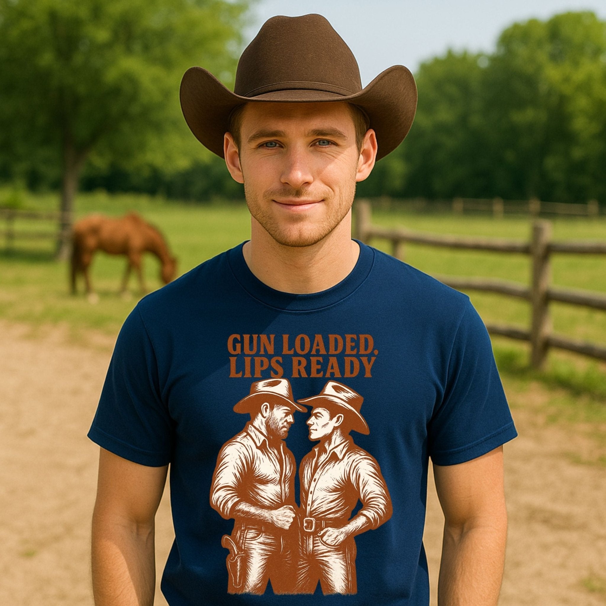 Gay Cowboy Shirt, Gun Loaded Lips Ready Tee, Sexy Western T-Shirt for Him, Rugged Romance Top, Funny LGBTQ Gift, Mlm Country Pride Tee - Craig Michael Design