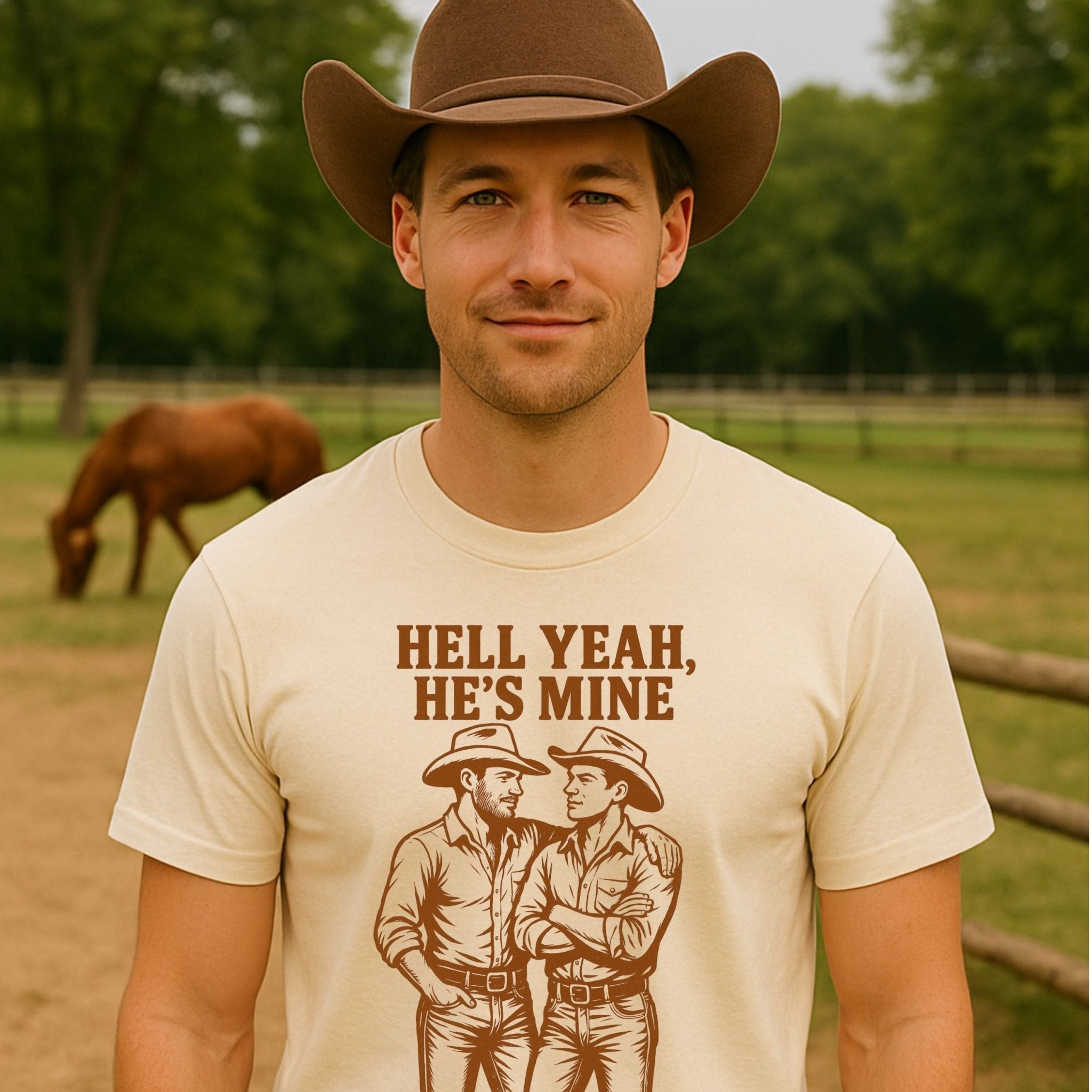 Gay Cowboy Shirt, Mlm Boyfriend Pride Tee, 'Hell Yeah, He's Mine' - Craig Michael Design