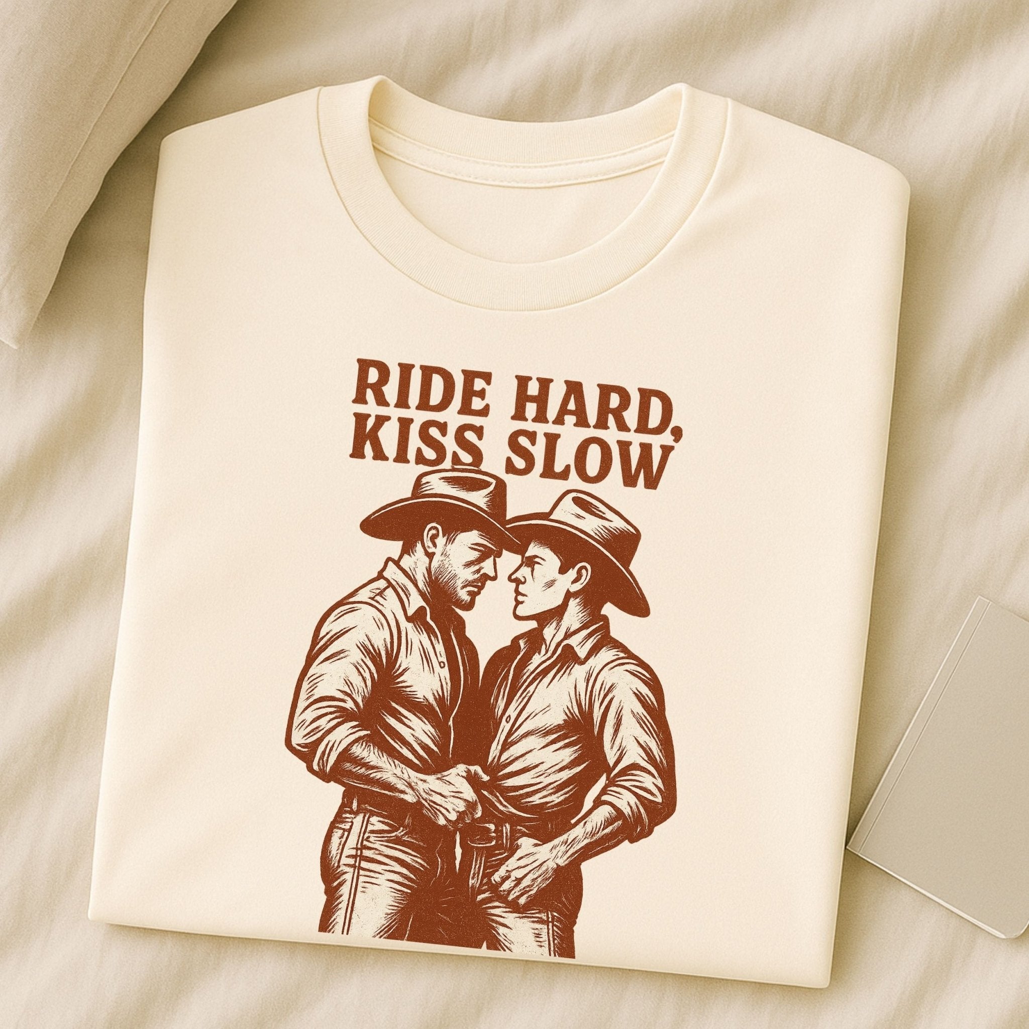 Gay Cowboy Shirt, Ride Hard Kiss Slow Tee, Western Style Mlm T-Shirt, Funny Gay Gift for Him, Rustic Cowboy Couple Pride Top - Craig Michael Design
