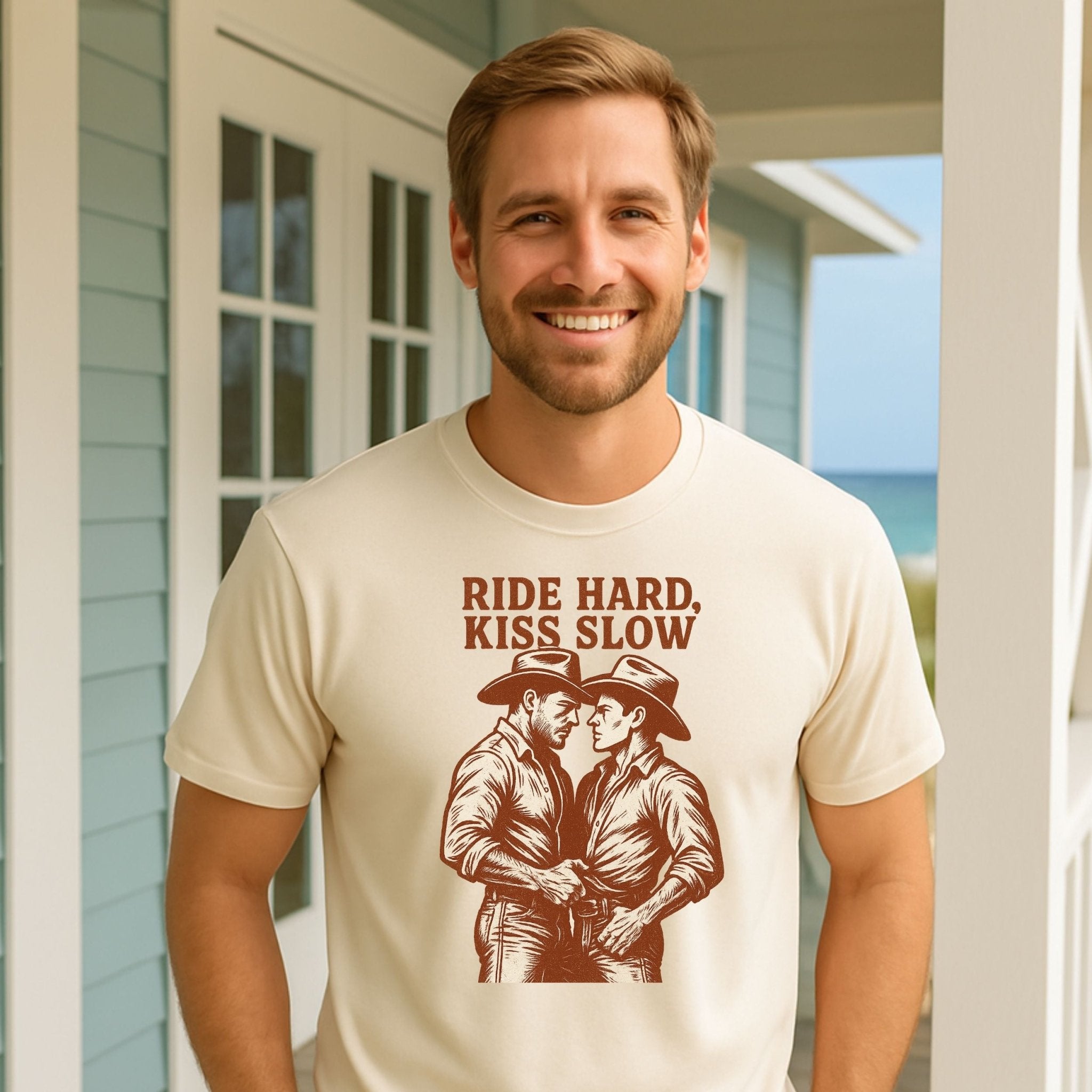 Gay Cowboy Shirt, Ride Hard Kiss Slow Tee, Western Style Mlm T-Shirt, Funny Gay Gift for Him, Rustic Cowboy Couple Pride Top - Craig Michael Design