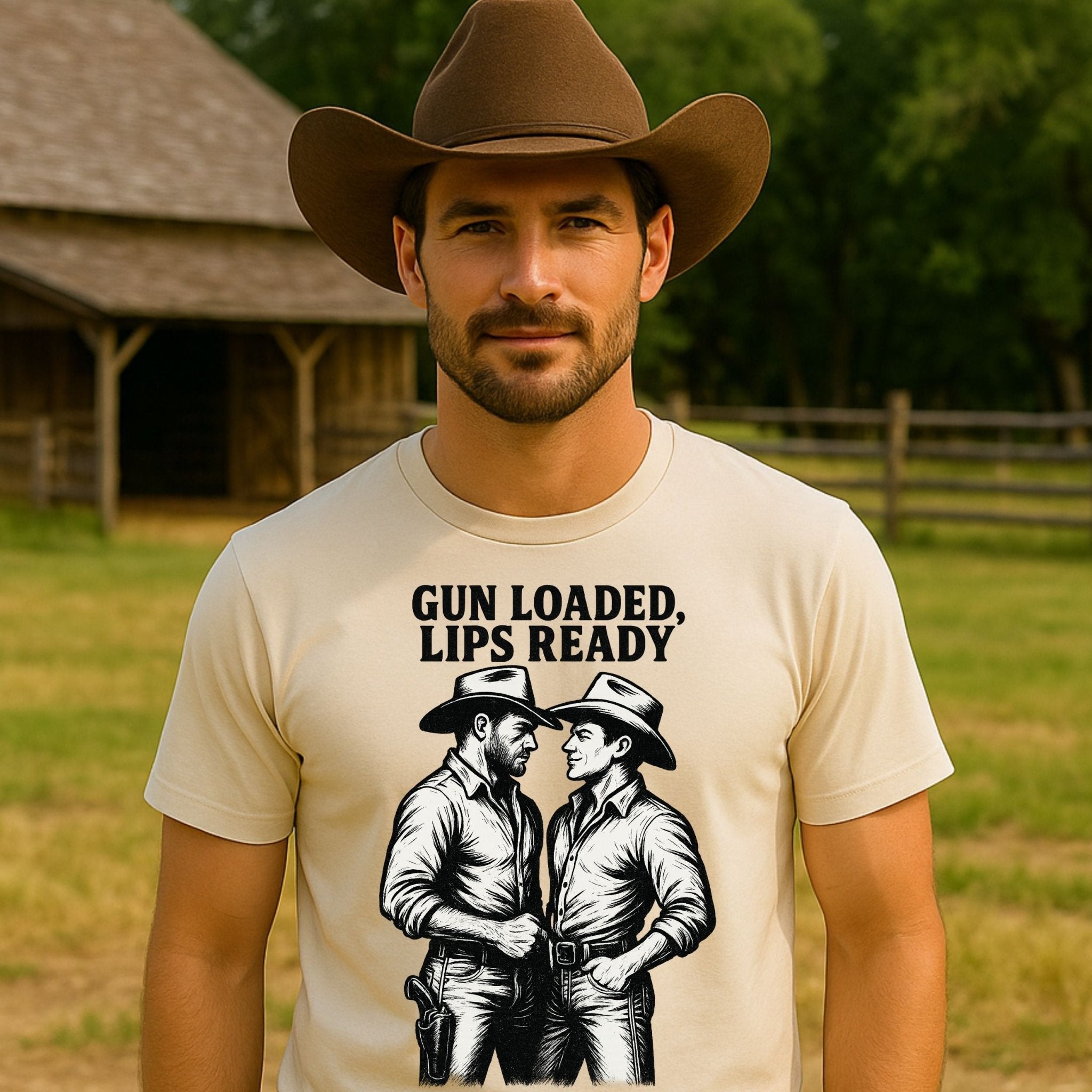 Gay Cowboy Shirt, Vintage Western Romance Tee, 'Gun Loaded Lips Ready'T-Shirt - Craig Michael Design