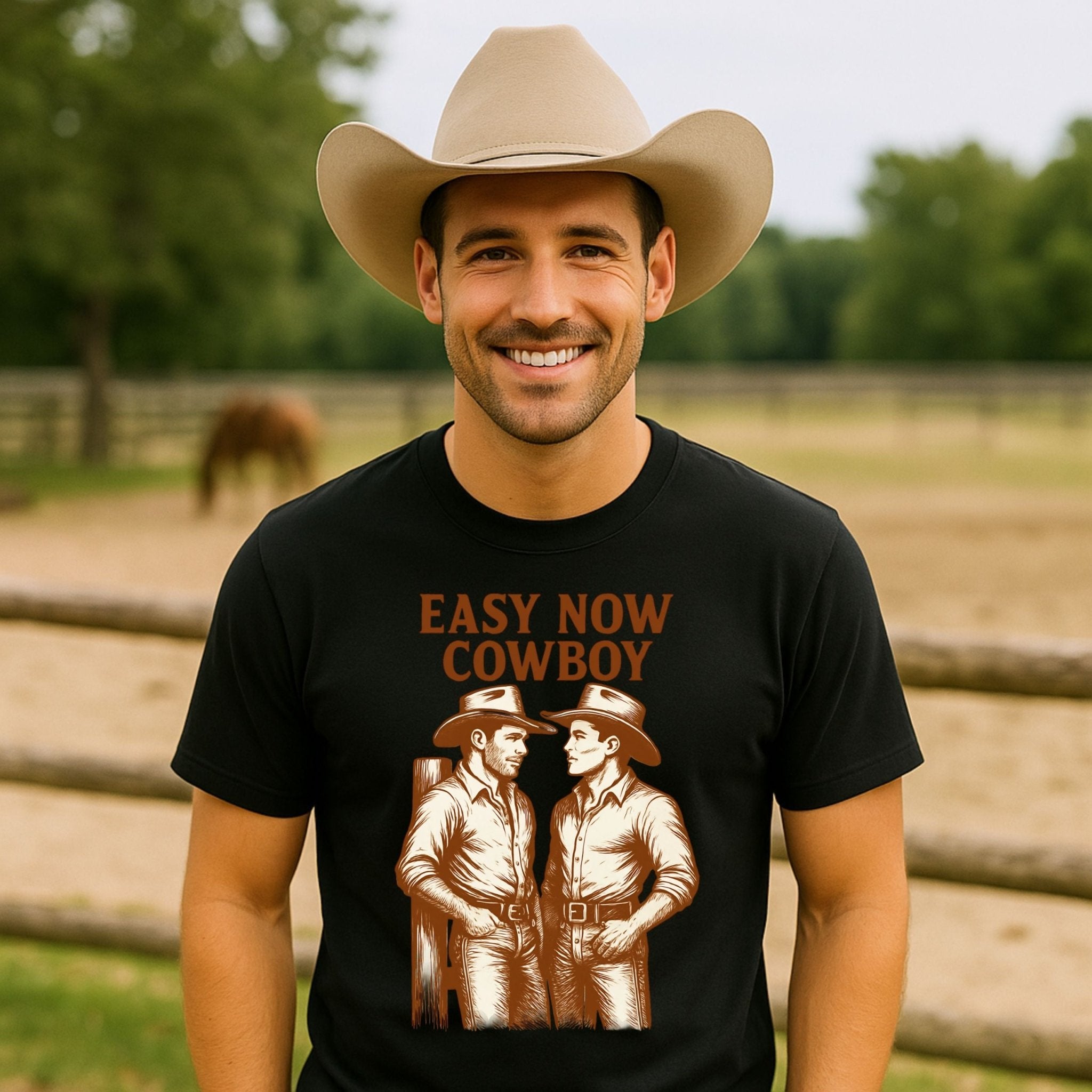 Gay Cowboy Shirt, Western Style Mlm T-Shirt, Easy Now Cowboy Graphic Tee, Rustic Ranch Gift for Him, Hot Gay Romance Top - Craig Michael Design