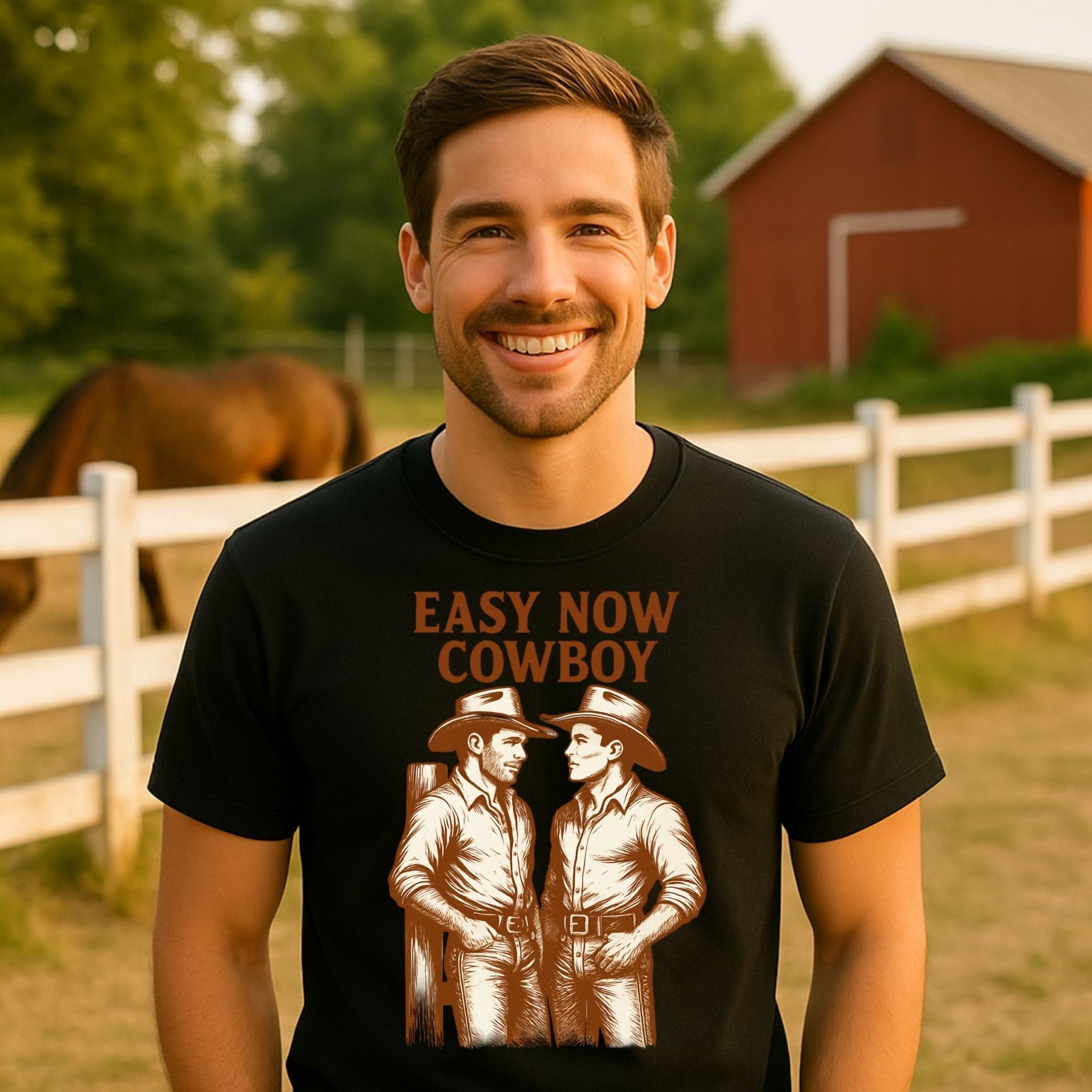 Gay Cowboy Shirt, Western Style Mlm T-Shirt, Easy Now Cowboy Graphic Tee, Rustic Ranch Gift for Him, Hot Gay Romance Top - Craig Michael Design