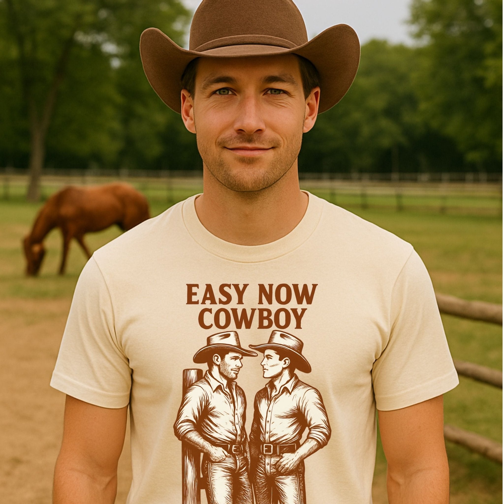 Gay Cowboy Shirt, Western Style Mlm T-Shirt, Easy Now Cowboy Graphic Tee, Rustic Ranch Gift for Him, Hot Gay Romance Top - Craig Michael Design
