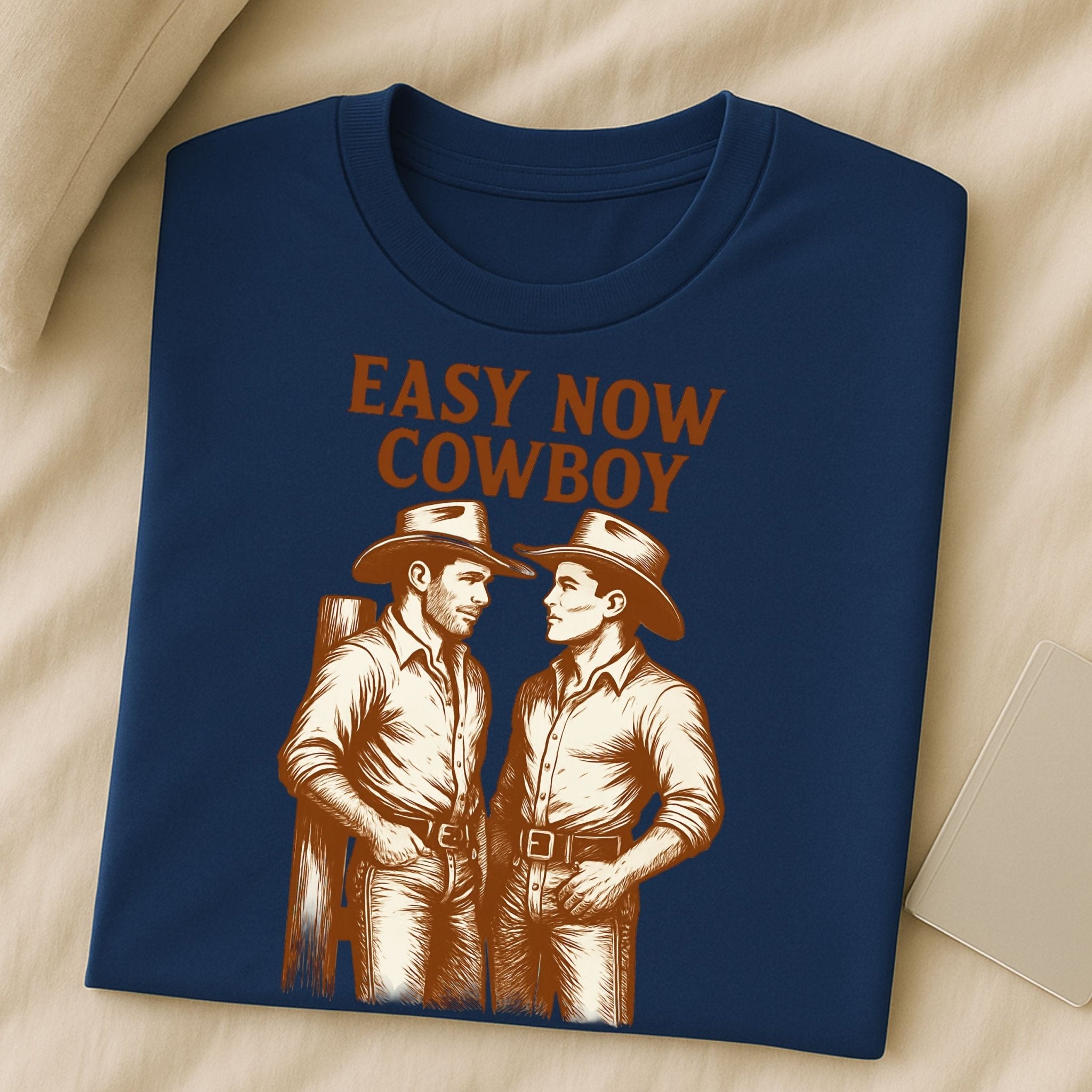 Gay Cowboy Shirt, Western Style Mlm T-Shirt, Easy Now Cowboy Graphic Tee, Rustic Ranch Gift for Him, Hot Gay Romance Top - Craig Michael Design