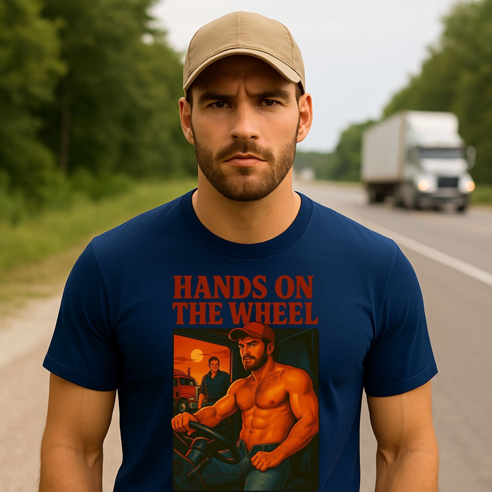 Gay Trucker Shirt — Bold Daddy T-Shirt, Sultry Semi Cab Top for Him, Hands on the Wheel - Craig Michael Design
