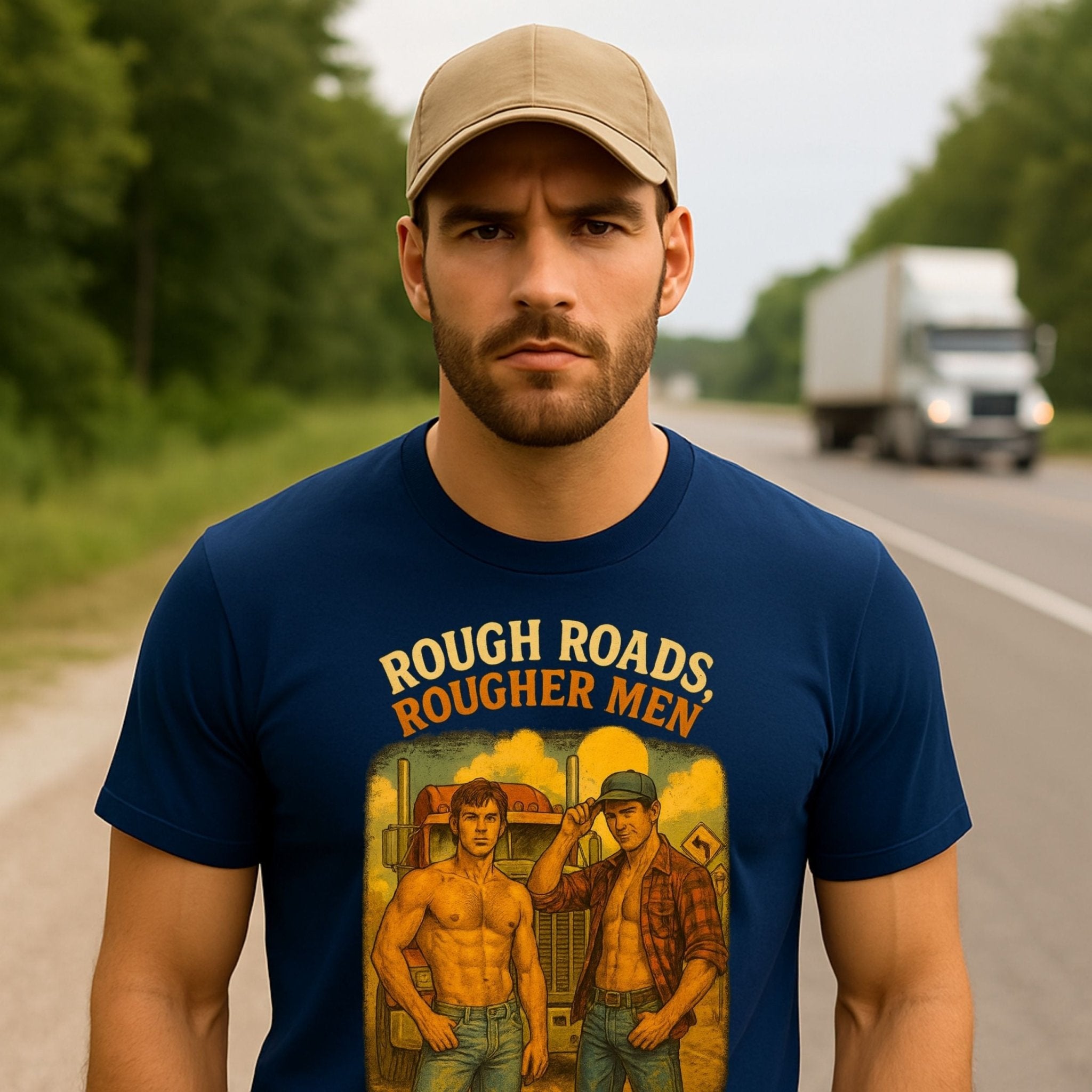 Gay Trucker Shirt — Rough Ride Daddy Tee, Muscle Fetish Top, Rough Roads Rougher Men - Craig Michael Design
