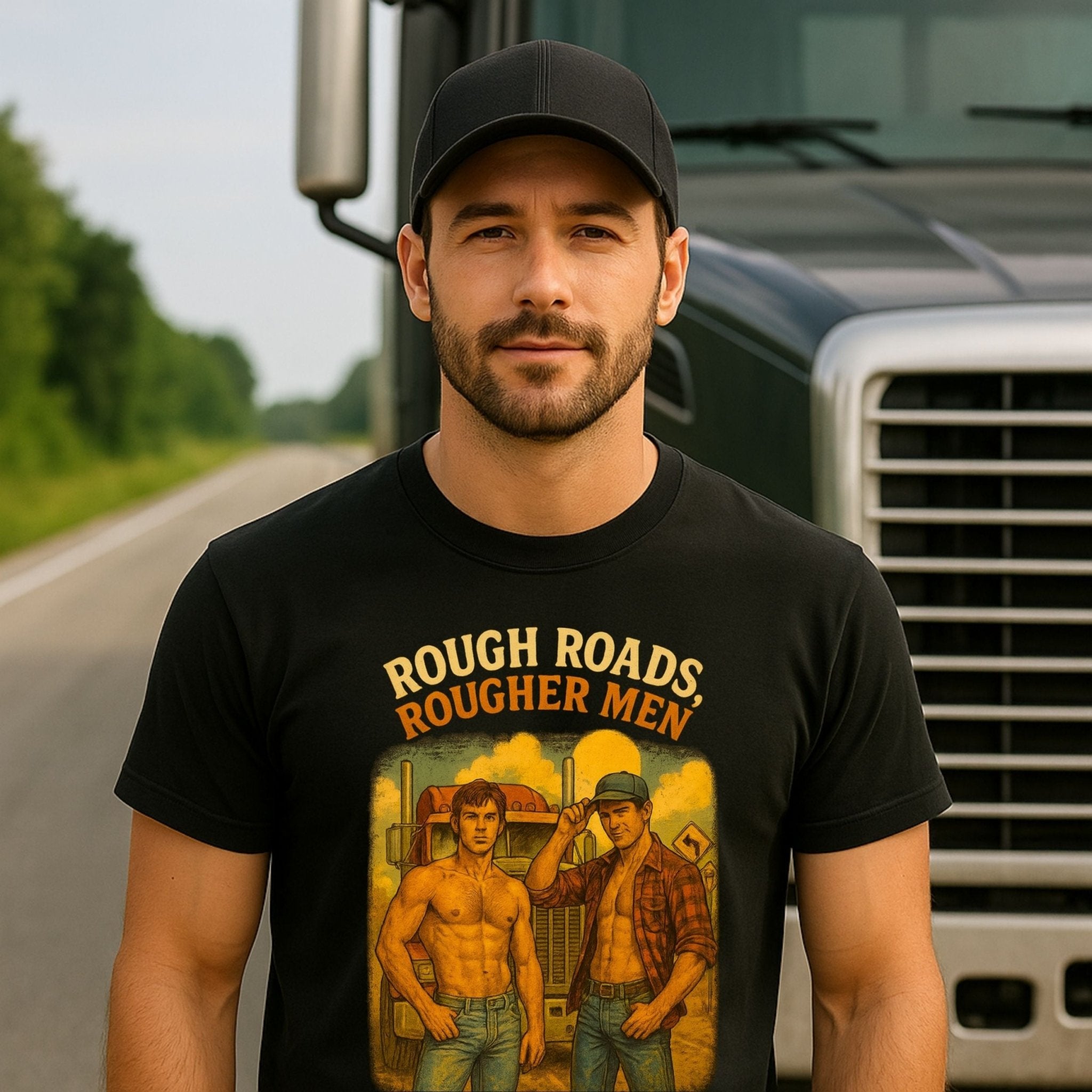 Gay Trucker Shirt — Rough Ride Daddy Tee, Muscle Fetish Top, Rough Roads Rougher Men - Craig Michael Design