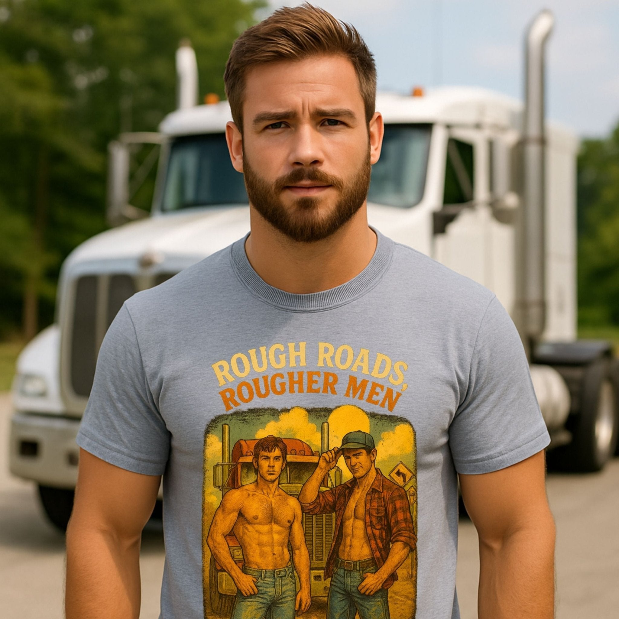 Gay Trucker Shirt — Rough Ride Daddy Tee, Muscle Fetish Top, Rough Roads Rougher Men - Craig Michael Design