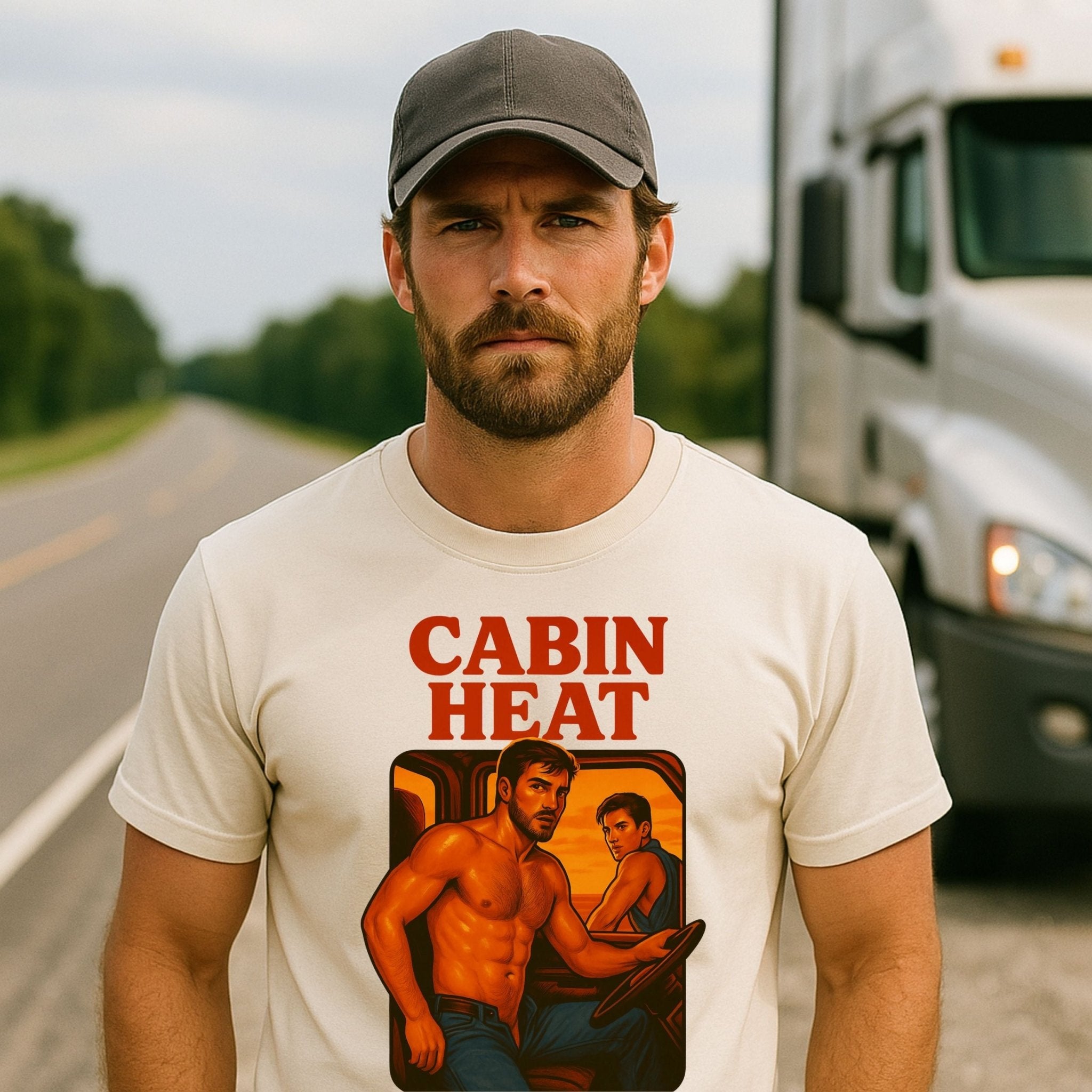 Gay Trucker T-Shirt — Hot Semi Cab Scene Shirt for Him, Bold Muscle Daddy Top, Cabin Heat - Craig Michael Design