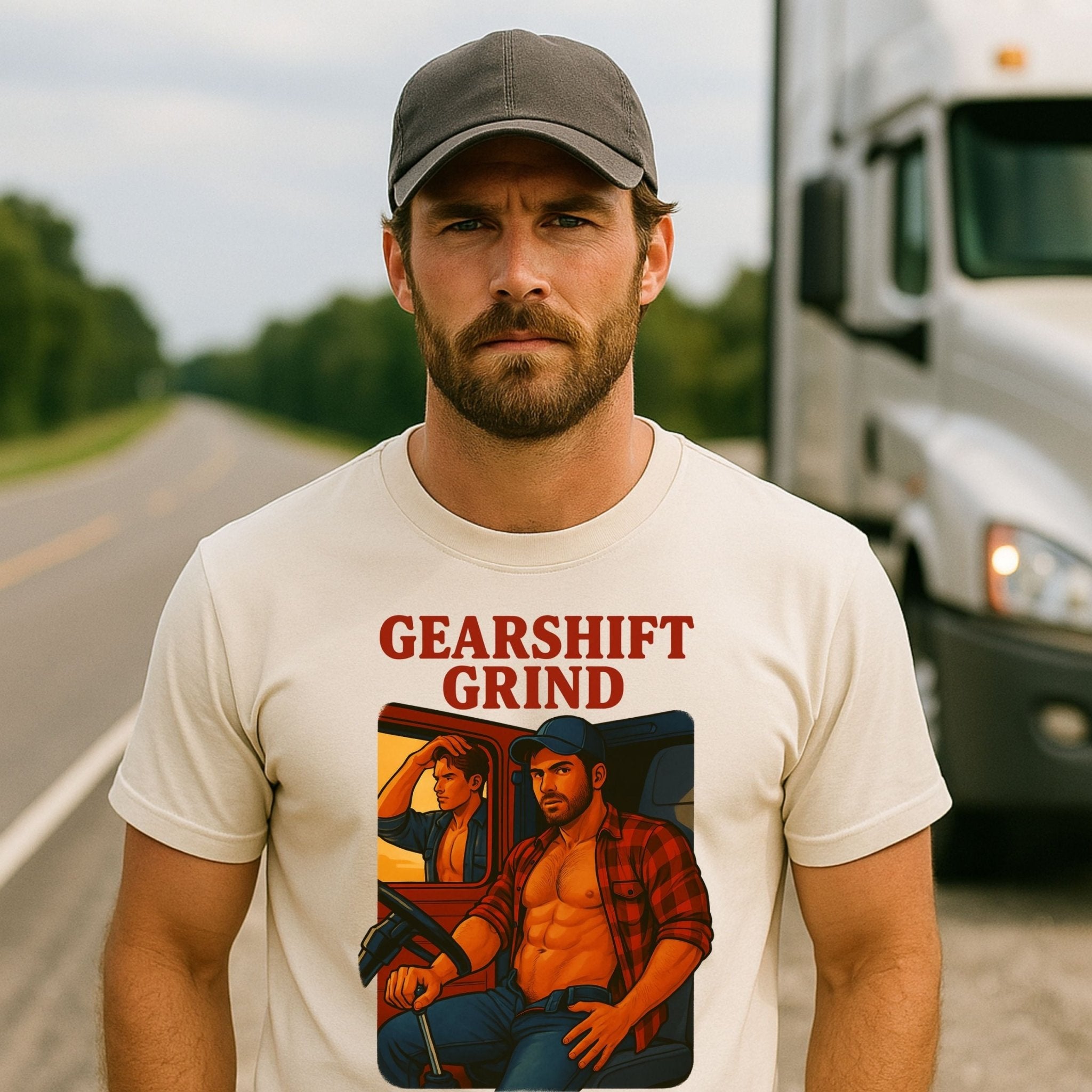 Gay Trucker T-Shirt — Hot Semi Cab Tee for Him, Muscle Fetish Daddy Top, Gearshift Grind - Craig Michael Design
