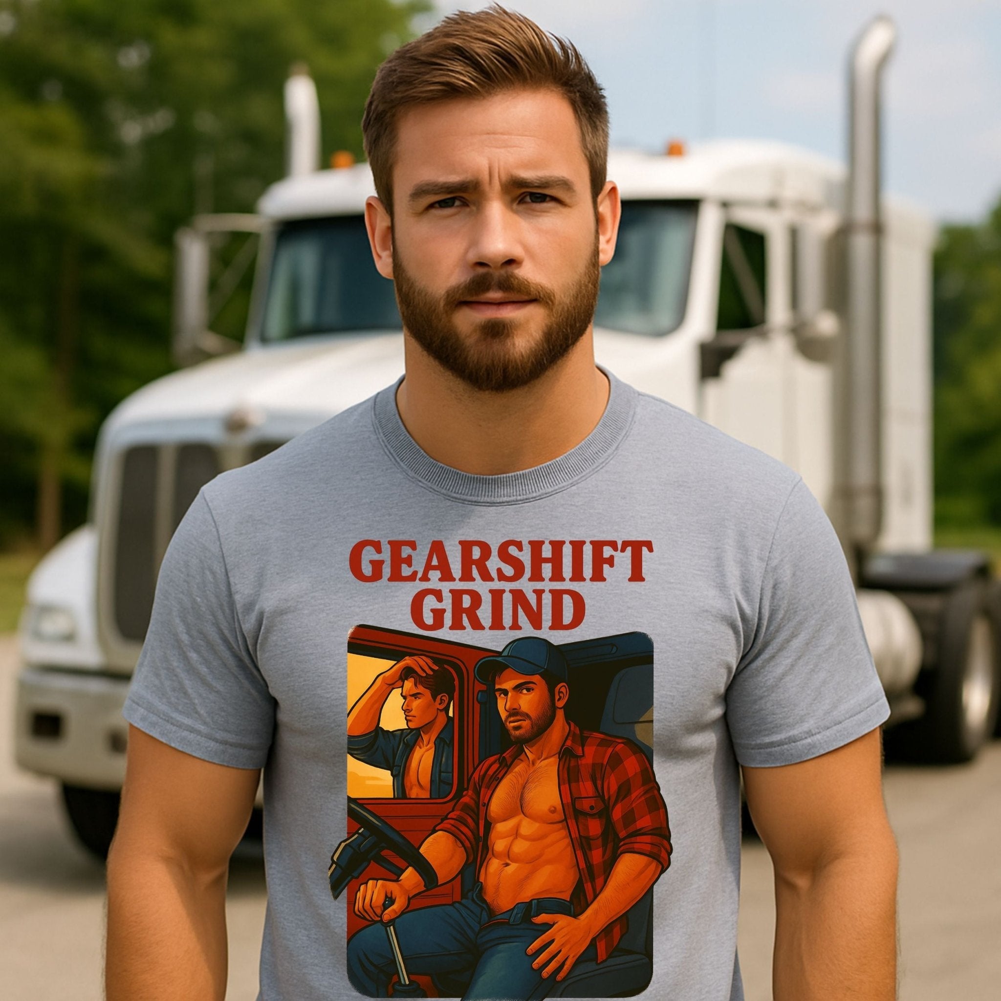 Gay Trucker T-Shirt — Rugged Pit Stop Tee for Him, Muscle Daddy Top, Dirty Roadside Fantasy, Sweat Grit and Gasoline - Craig Michael Design