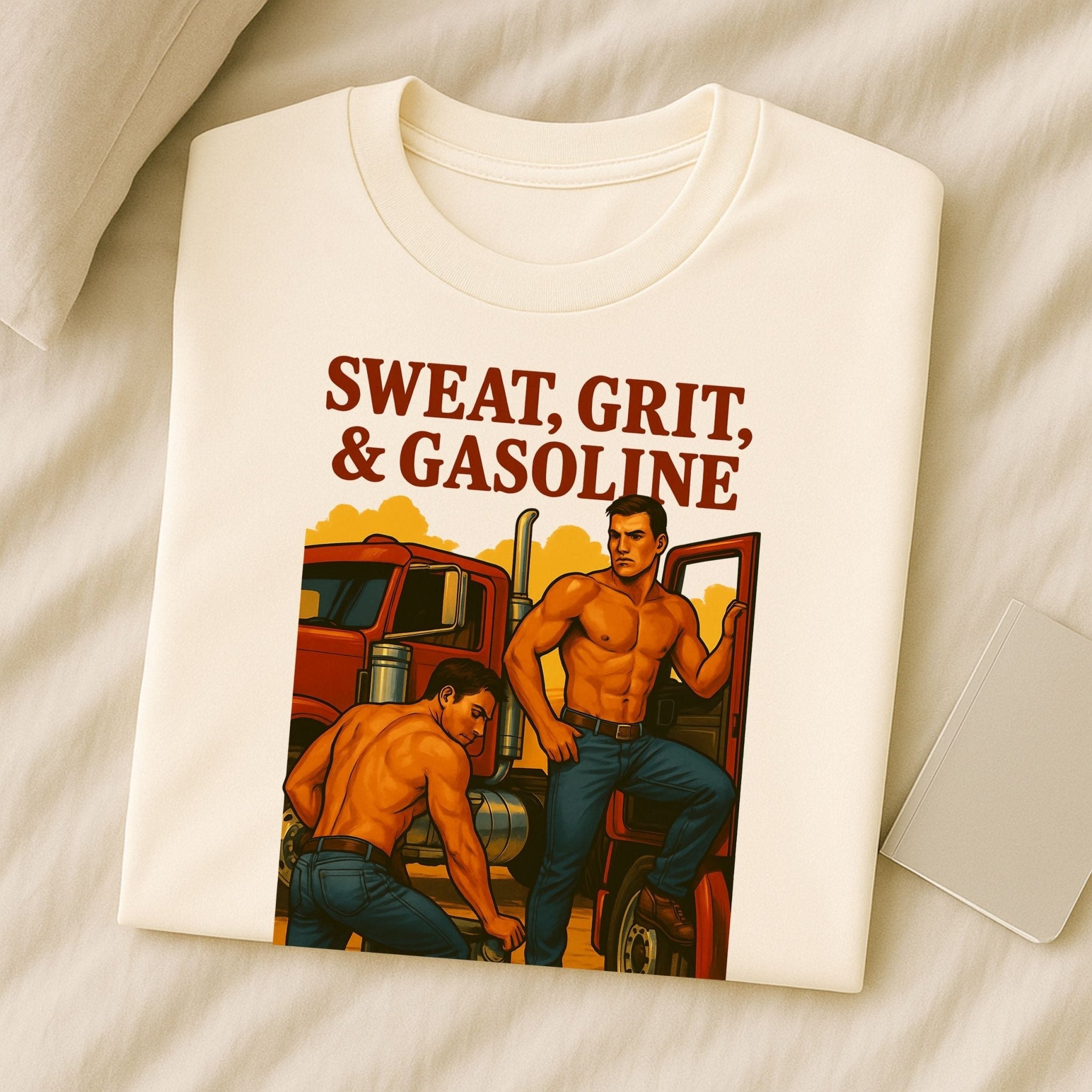 Gay Trucker T-Shirt — Rugged Pit Stop Tee for Him, Muscle Daddy Top, Dirty Roadside Fantasy, Sweat Grit and Gasoline - Craig Michael Design