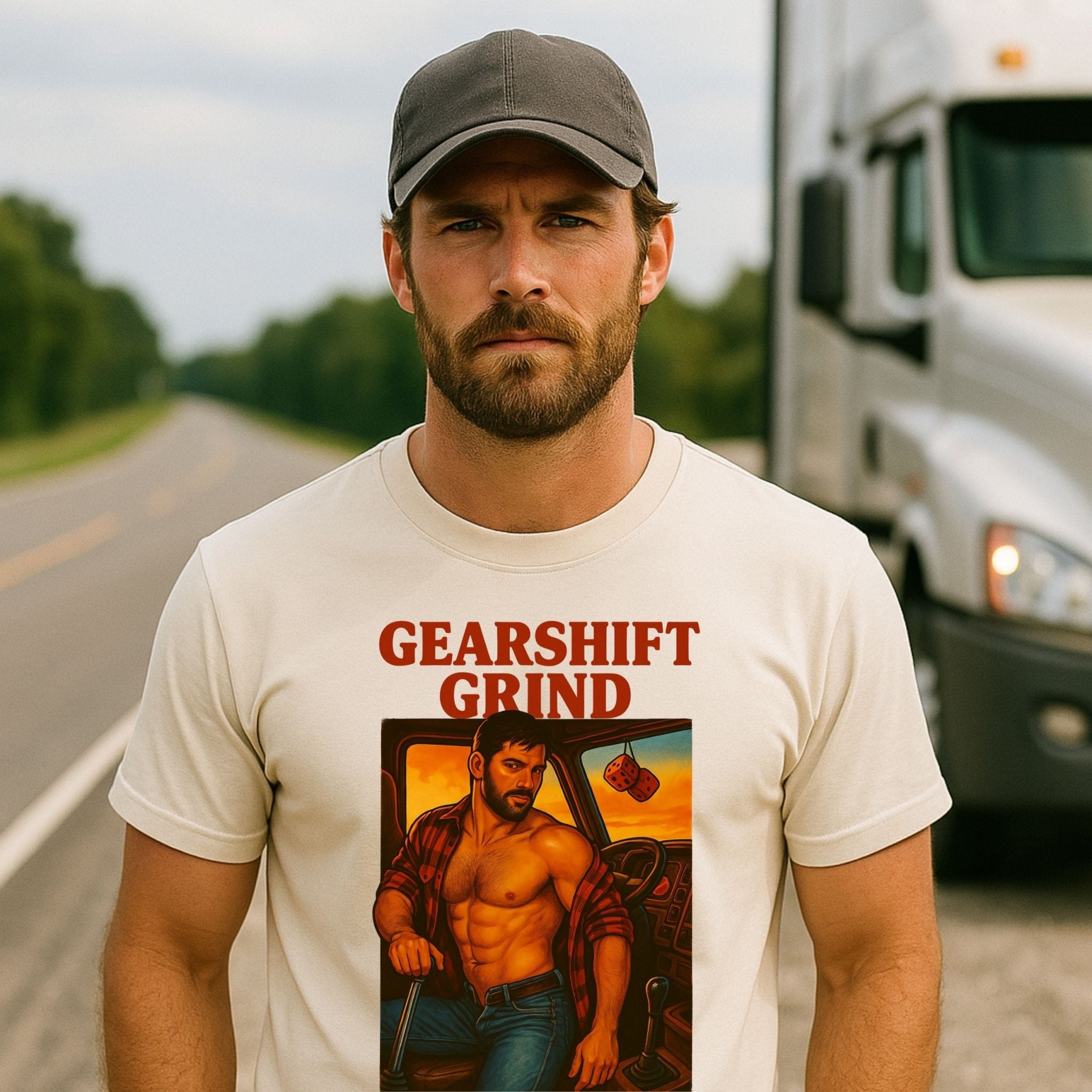 Gay Trucker T-Shirt — Rugged Pit Stop Tee for Him, Muscle Daddy Top, Dirty Roadside Fantasy, Sweat Grit and Gasoline - Craig Michael Design