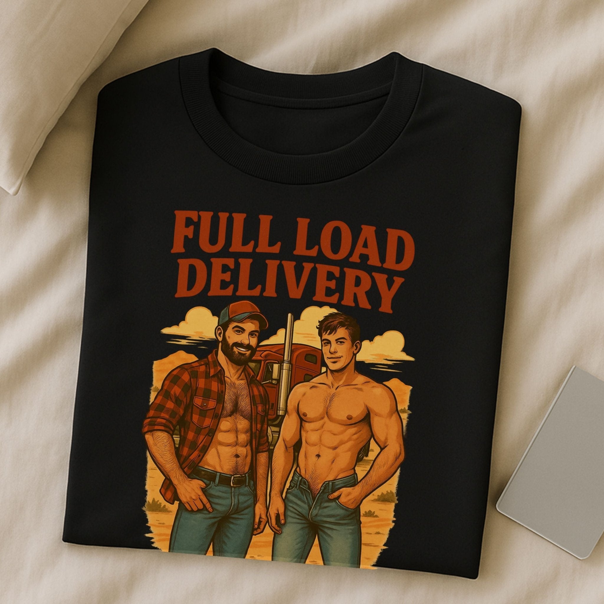Gay Trucker T-Shirt — Sexy Muscle Daddy Tee for Him, Bold Roadside Fantasy Top, Full Load Delivery - Craig Michael Design