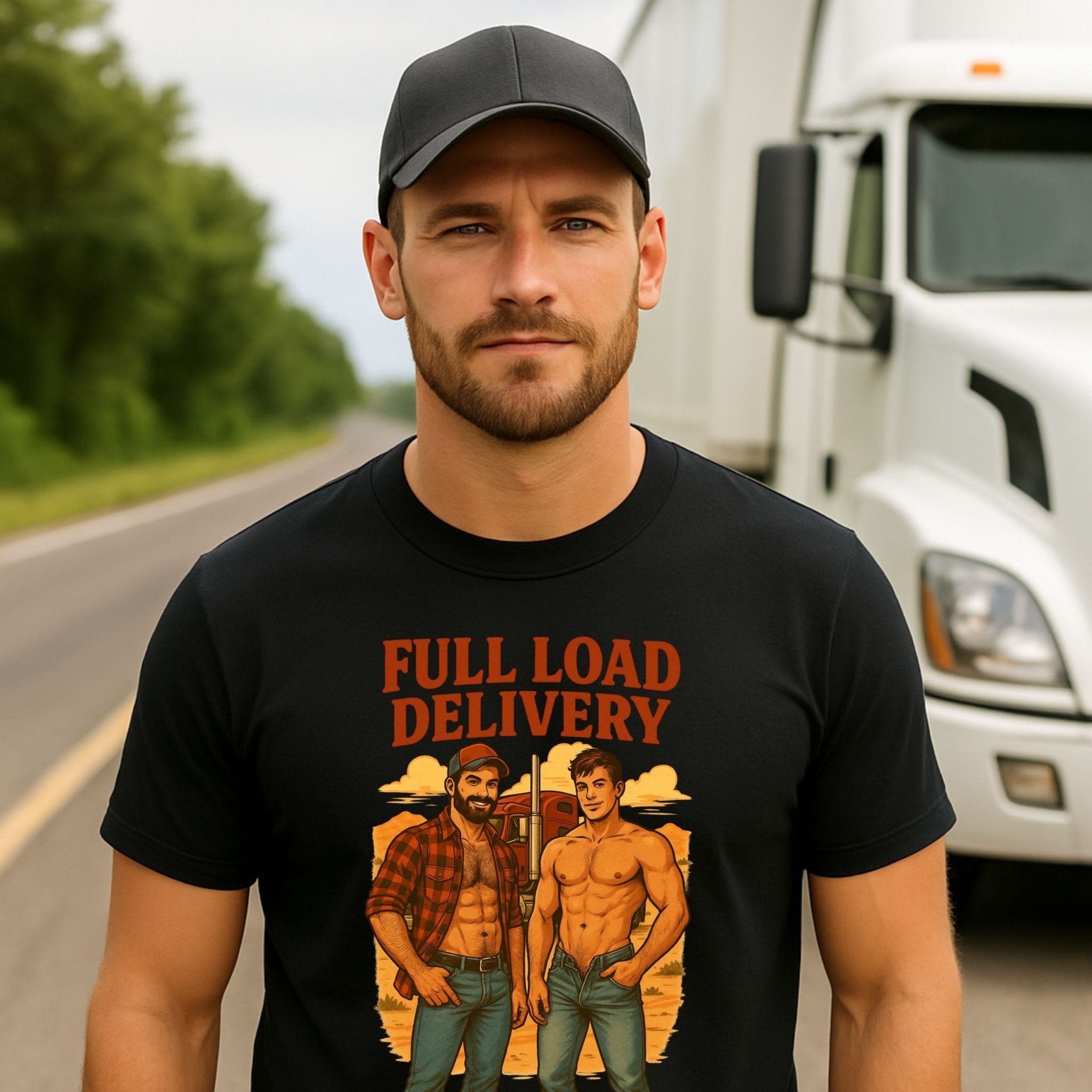 Gay Trucker T-Shirt — Sexy Muscle Daddy Tee for Him, Bold Roadside Fantasy Top, Full Load Delivery - Craig Michael Design