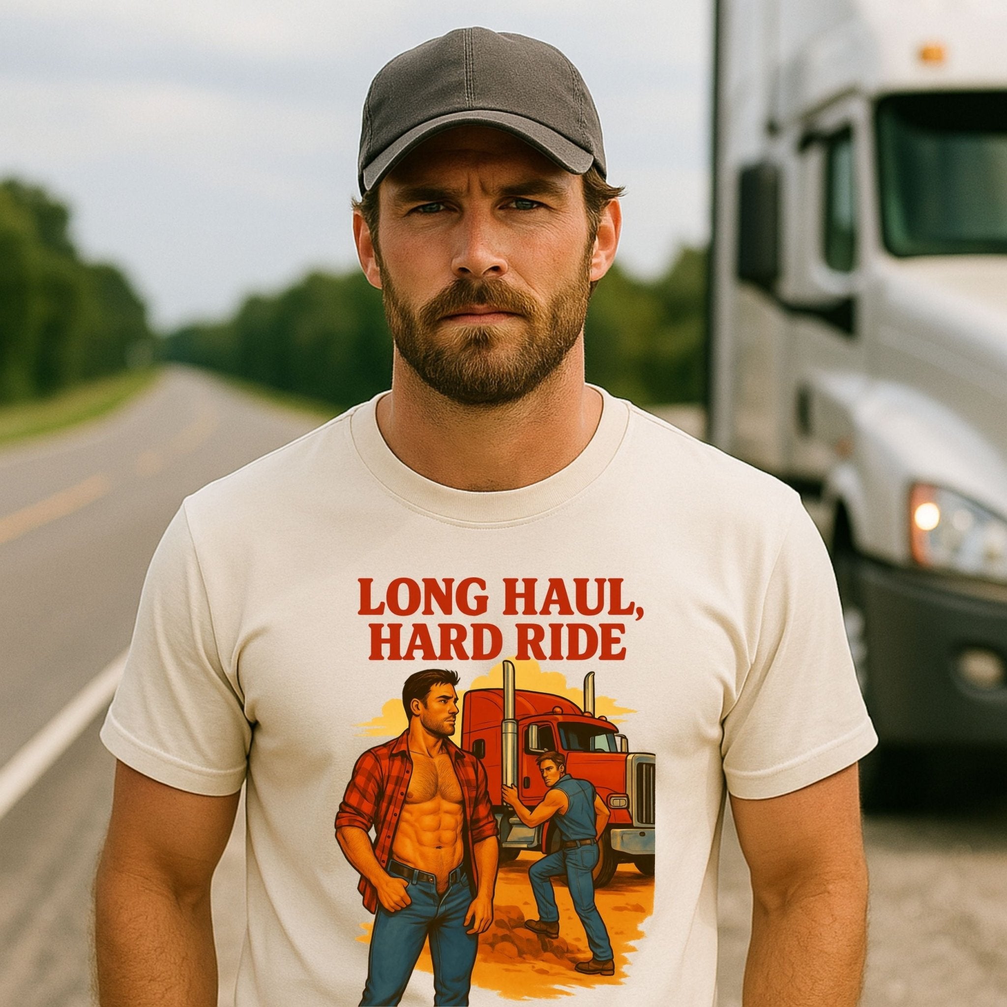 Gay Trucker T-Shirt, Sexy Roadside Daddy Top for Him, Muscle Cab Fantasy Shirt, Long Haul Hard Ride Tee - Craig Michael Design