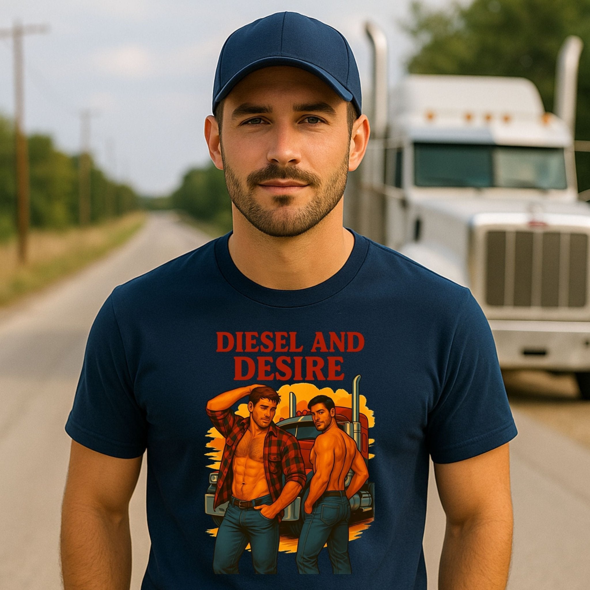 Gay Trucker T-Shirt, Shirtless Cab Tease Top for Him, Sexy Diesel Daddy Tee, Diesel and Desire T-Shirt - Craig Michael Design