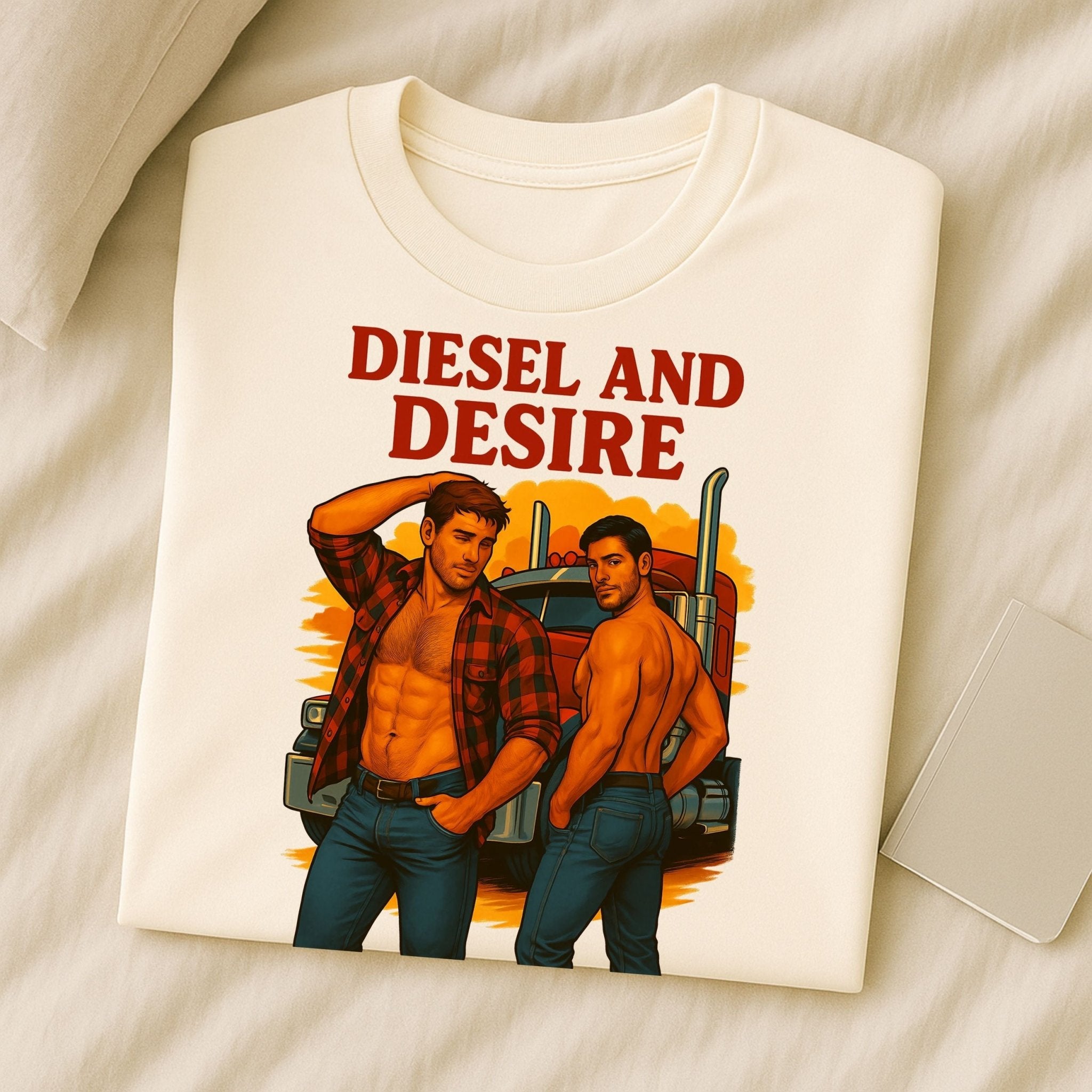Gay Trucker T-Shirt, Shirtless Cab Tease Top for Him, Sexy Diesel Daddy Tee, Diesel and Desire T-Shirt - Craig Michael Design
