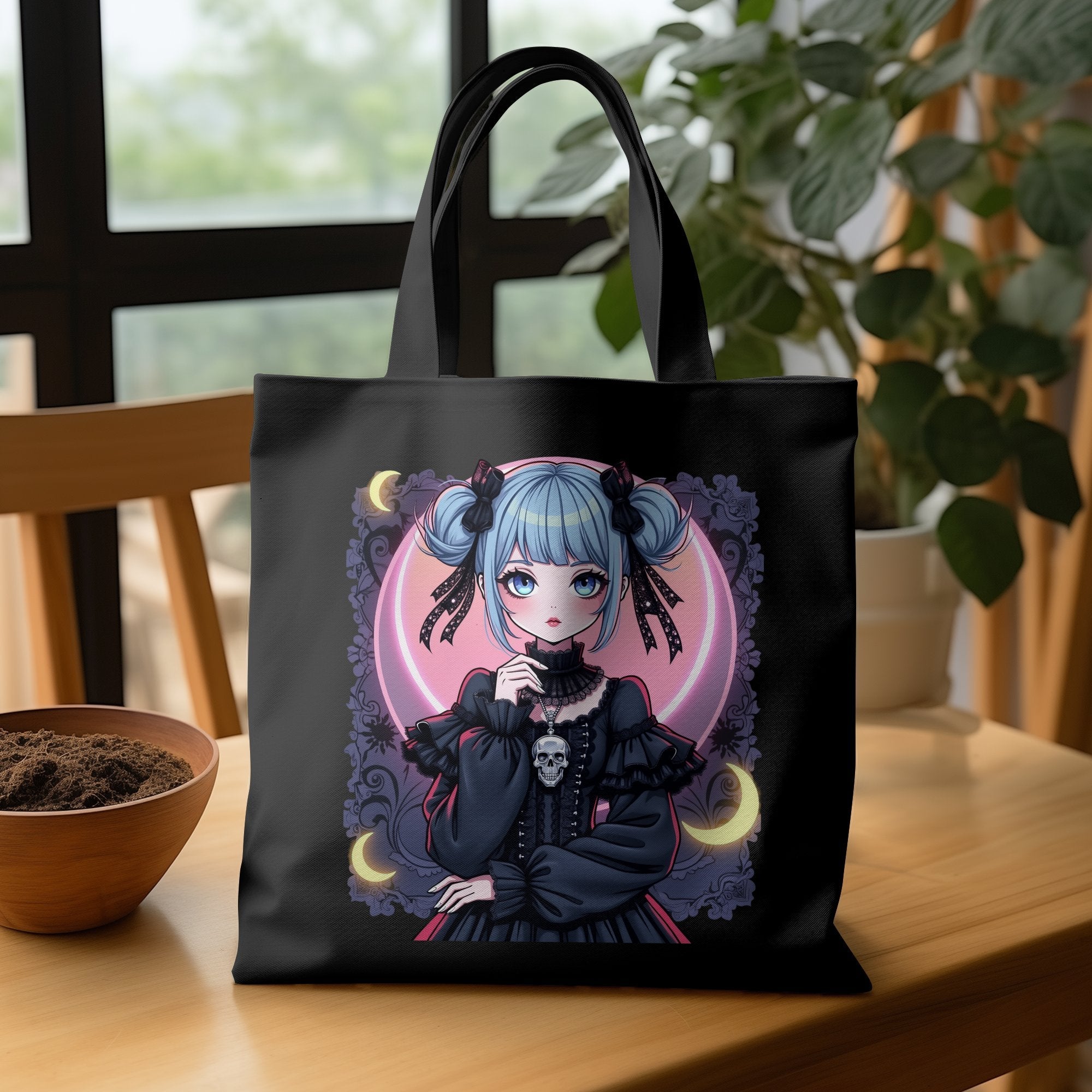 Gothic Anime Girl Tote Bag, Cute Blue Haired Character Tote, Fantasy Art Print Totebag, Unique Gothic Fashion Accessory - Craig Michael Design