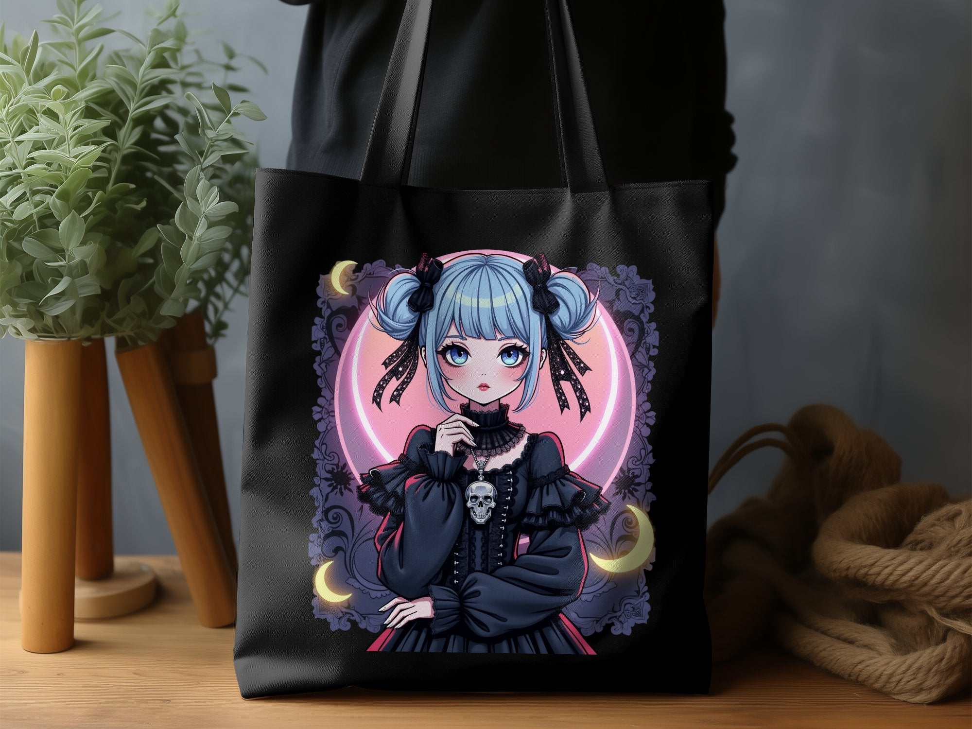 Gothic Anime Girl Tote Bag, Cute Blue Haired Character Tote, Fantasy Art Print Totebag, Unique Gothic Fashion Accessory - Craig Michael Design