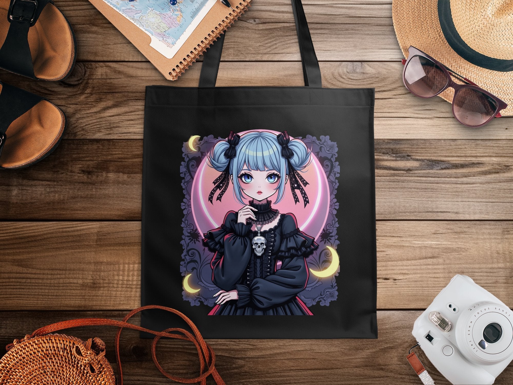 Gothic Anime Girl Tote Bag, Cute Blue Haired Character Tote, Fantasy Art Print Totebag, Unique Gothic Fashion Accessory - Craig Michael Design