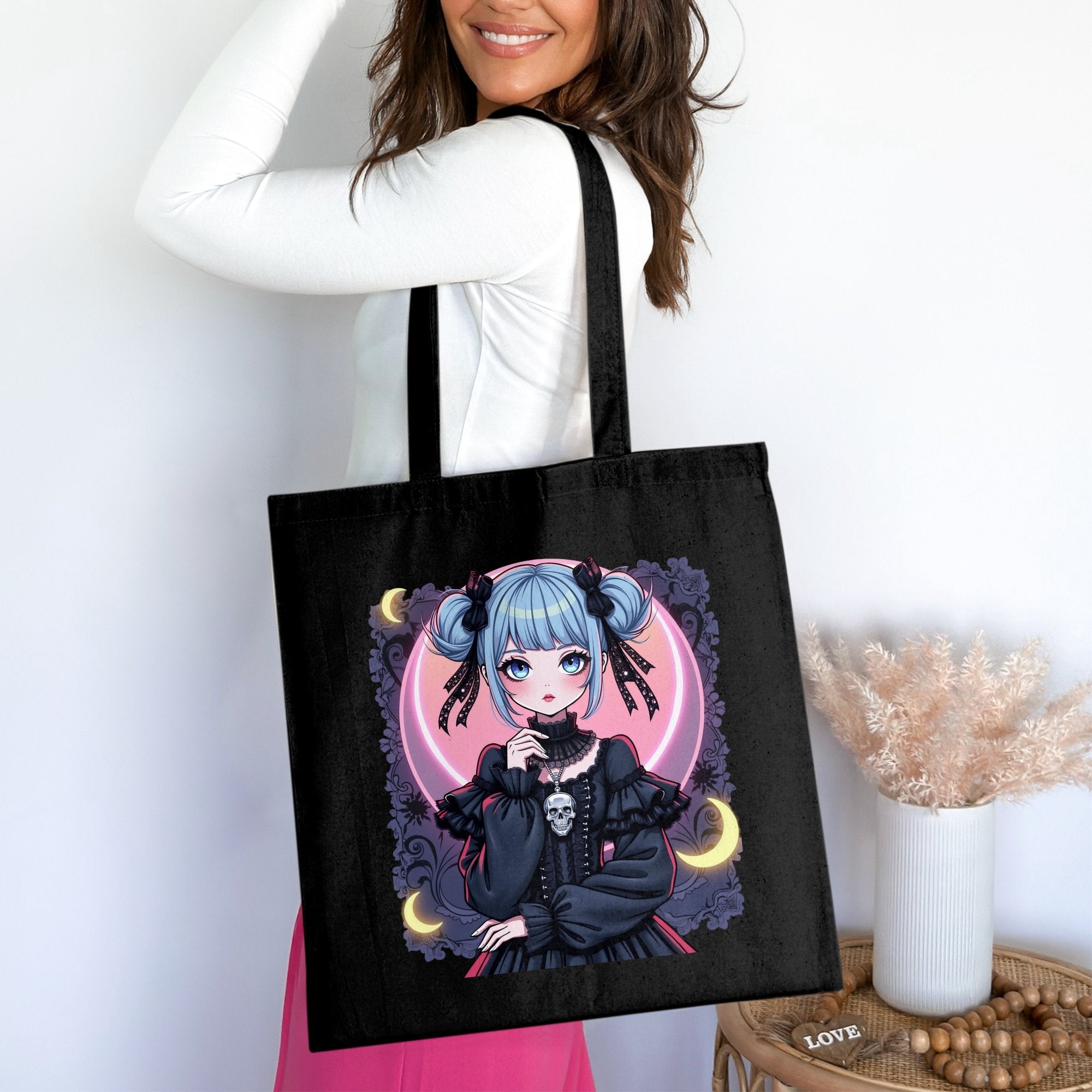 Gothic Anime Girl Tote Bag, Cute Blue Haired Character Tote, Fantasy Art Print Totebag, Unique Gothic Fashion Accessory - Craig Michael Design