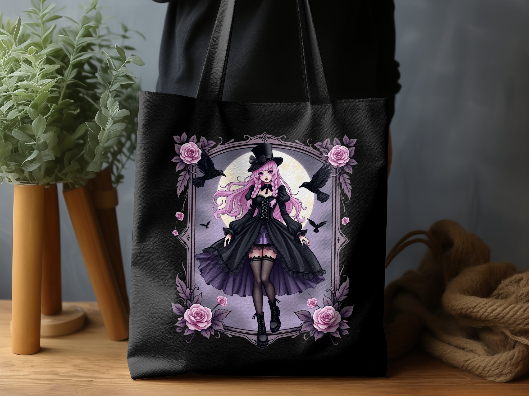 Gothic Anime Girl Tote Bag, Gothic Lolita Fashion Tote Bag, Purple Rose Gothic Art Bag, Unique Anime Tote Bag for Gifts, - Craig Michael Design