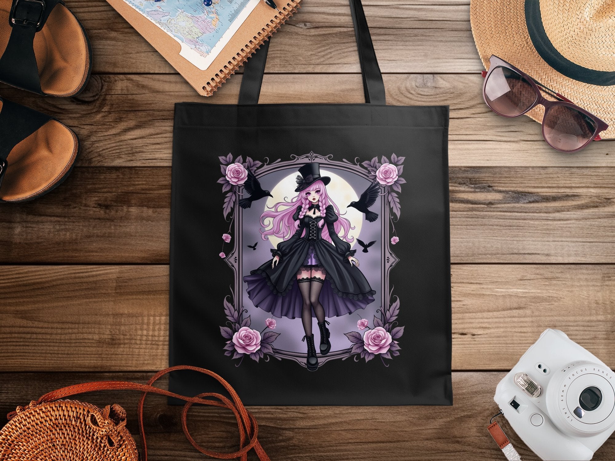 Gothic Anime Girl Tote Bag, Gothic Lolita Fashion Tote Bag, Purple Rose Gothic Art Bag, Unique Anime Tote Bag for Gifts, - Craig Michael Design