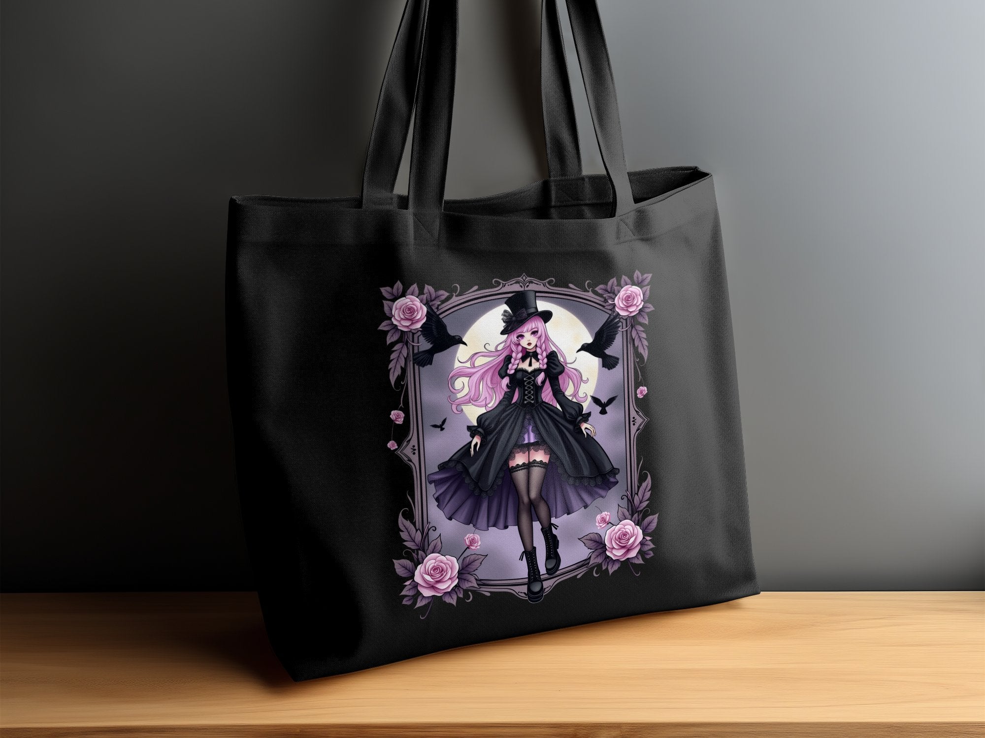 Gothic Anime Girl Tote Bag, Gothic Lolita Fashion Tote Bag, Purple Rose Gothic Art Bag, Unique Anime Tote Bag for Gifts, - Craig Michael Design