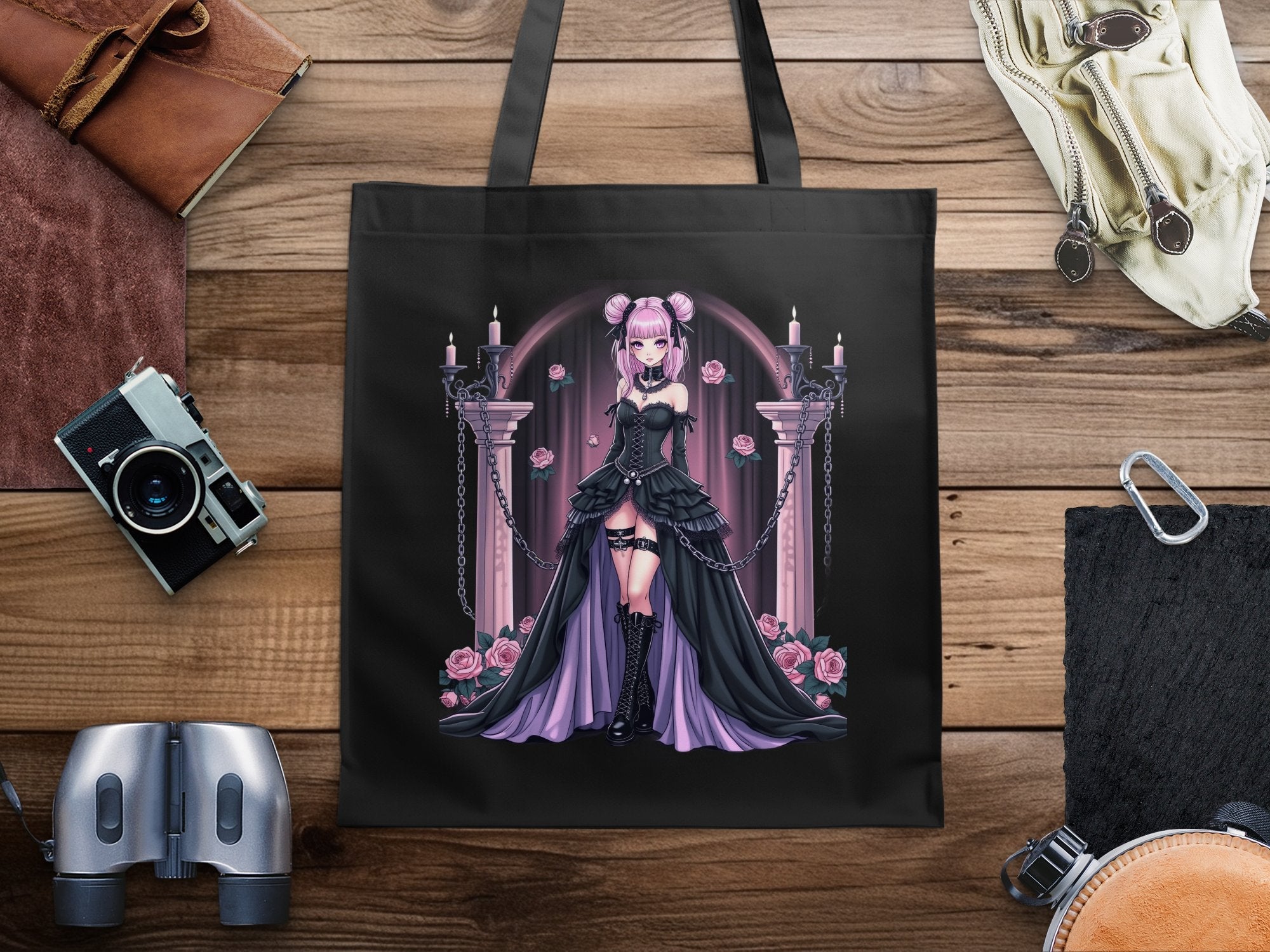 Gothic Anime Girl Tote Bag, Kawaii Pink and Black Tote, Harajuku Style Accessory, Cute and Edgy Tote Bag, Pastel Goth Tote - Craig Michael Design