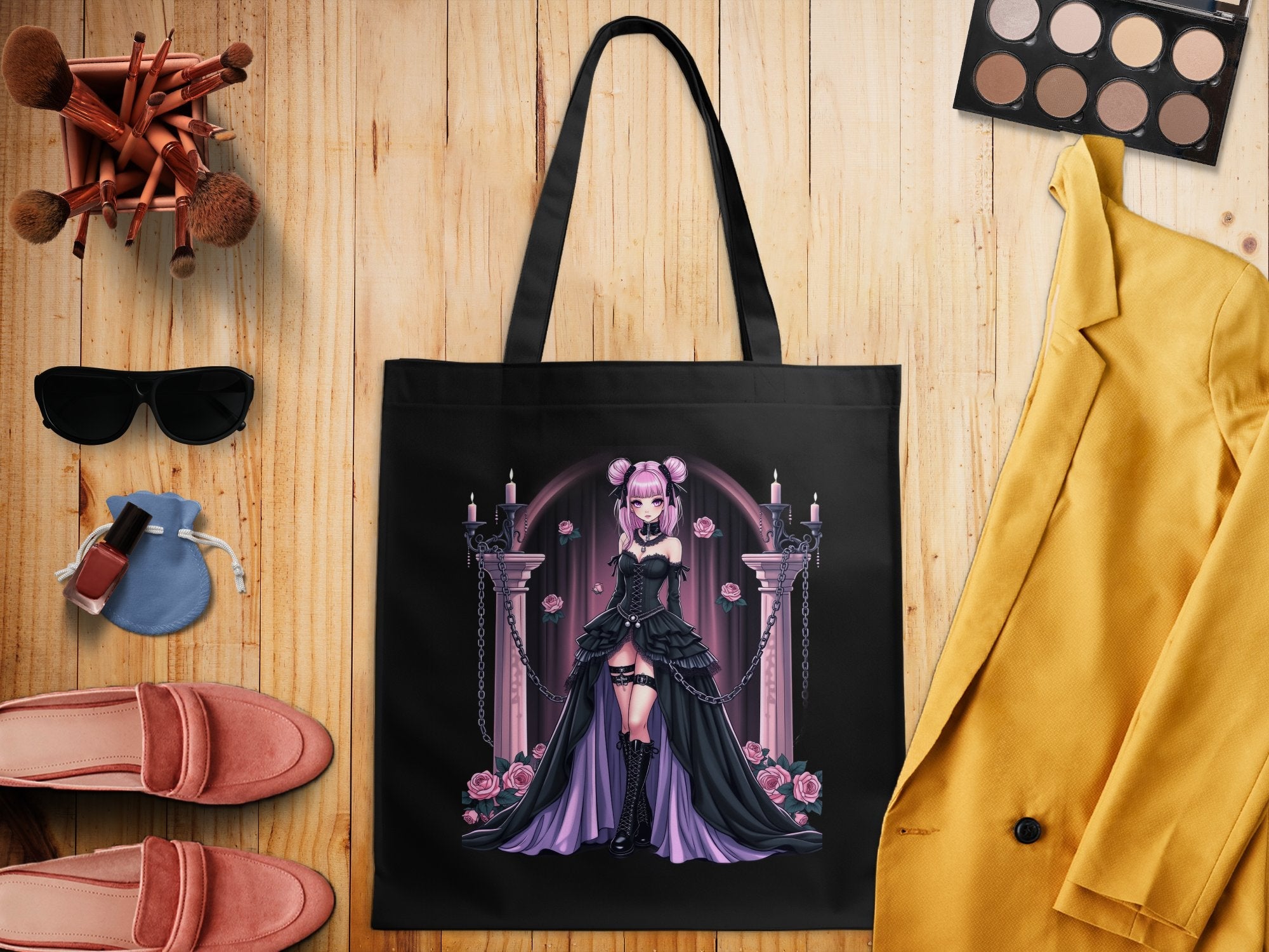 Gothic Anime Girl Tote Bag, Kawaii Pink and Black Tote, Harajuku Style Accessory, Cute and Edgy Tote Bag, Pastel Goth Tote - Craig Michael Design