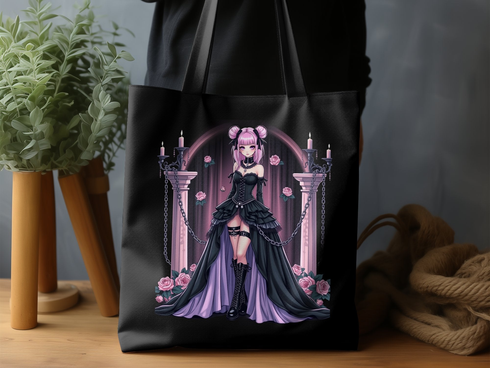 Gothic Anime Girl Tote Bag, Kawaii Pink and Black Tote, Harajuku Style Accessory, Cute and Edgy Tote Bag, Pastel Goth Tote - Craig Michael Design